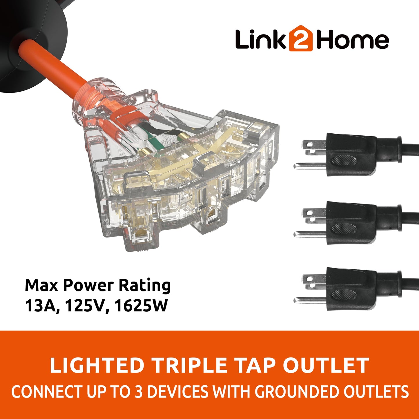 Link2Home 50 Ft. Retractable Extension Cord Reel with 3 Outlets, Lighted Triple Tap, 14AWG SJTOW Heavy-Duty Cord, Overload Protection, Wall/Ceiling Mount