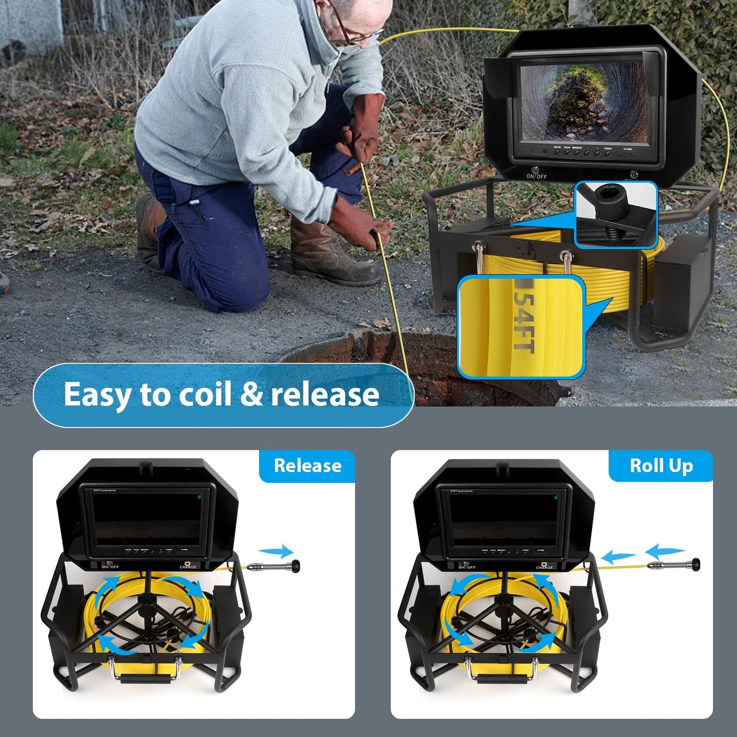 9 inch Monitor 100ft/30m Pipe Inspection Video Camera,IP68 Waterproof 1080P Drain Sewer Pipeline Industrial Endoscope System with Distance Mark Camera DVR Recorder