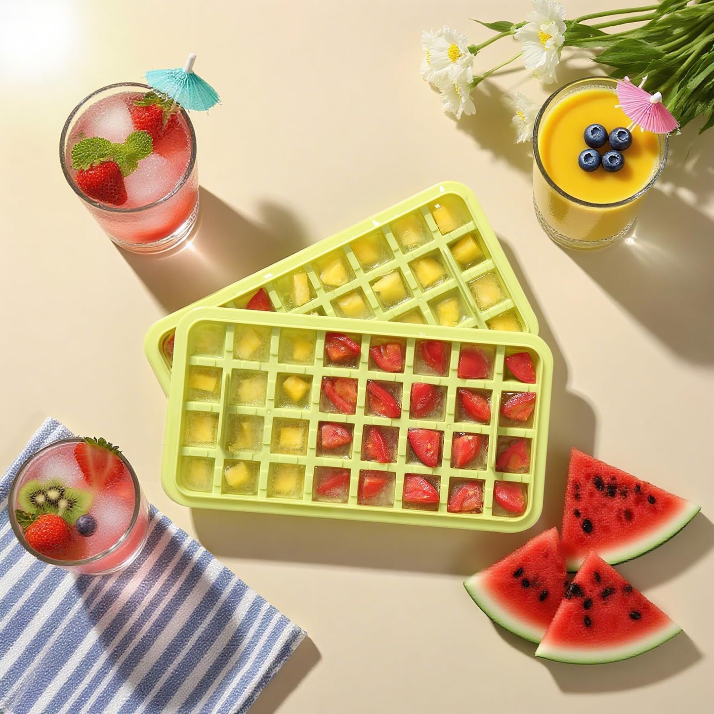 EuChoiz Ice Cube Tray with Lid Press Easy Release, Scoop and Bin Ice Trays for Freezer, Making 64 pcs Ice Cubes for Chilling Cocktail Whiskey Coffee Include 2 Trays and Storage Container, BPA Free
