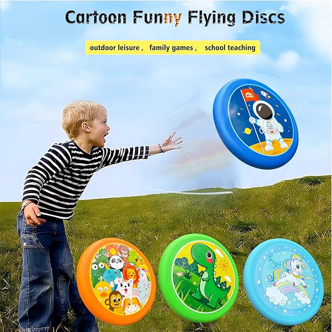 Cartoon Flying Discs Set for Kids Soft Platic Outdoor Family Game Beach Toys, 4 Pack, 20cm, 60g Each, Vivid Colors(Unicorn Horse,Dinasour,Zoo Animals, Astronauts)