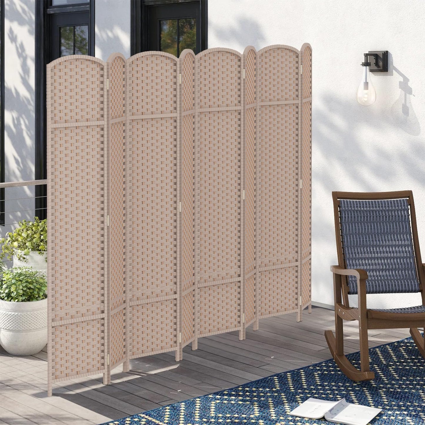 Room Divider 8 Panel Screen 5.6 Ft Tall Partition Room Dividers Beige Privacy Screens Folding Room Separation Free Standing Waterproof Wood Frame Wall Divider