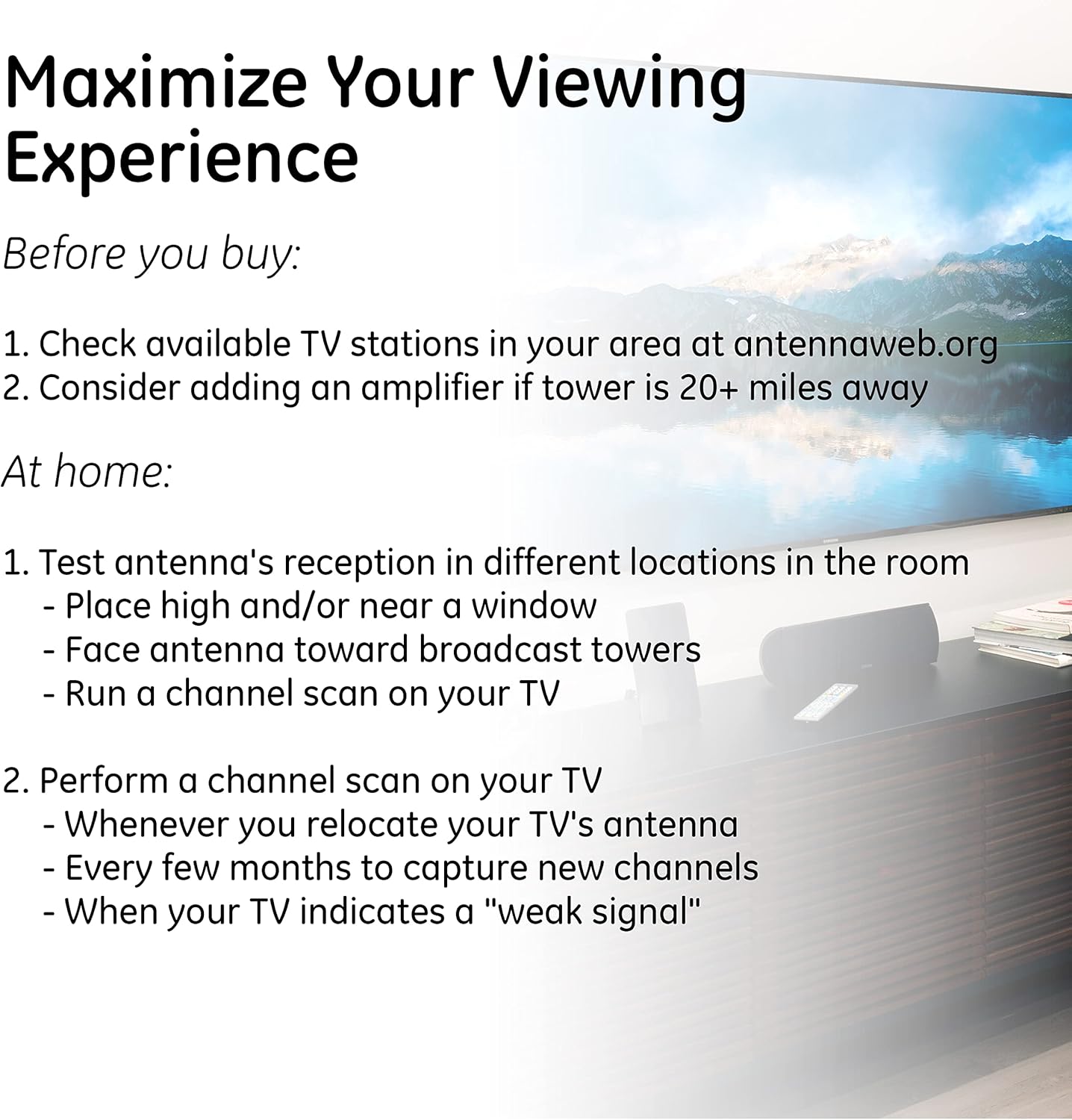 GE 4K 1080P 5ft 33681 Flat Panel Indoor HD Digital TV Antenna, Long Ran Smart TV Antenna, Supports HD Smart TV VHF UHF