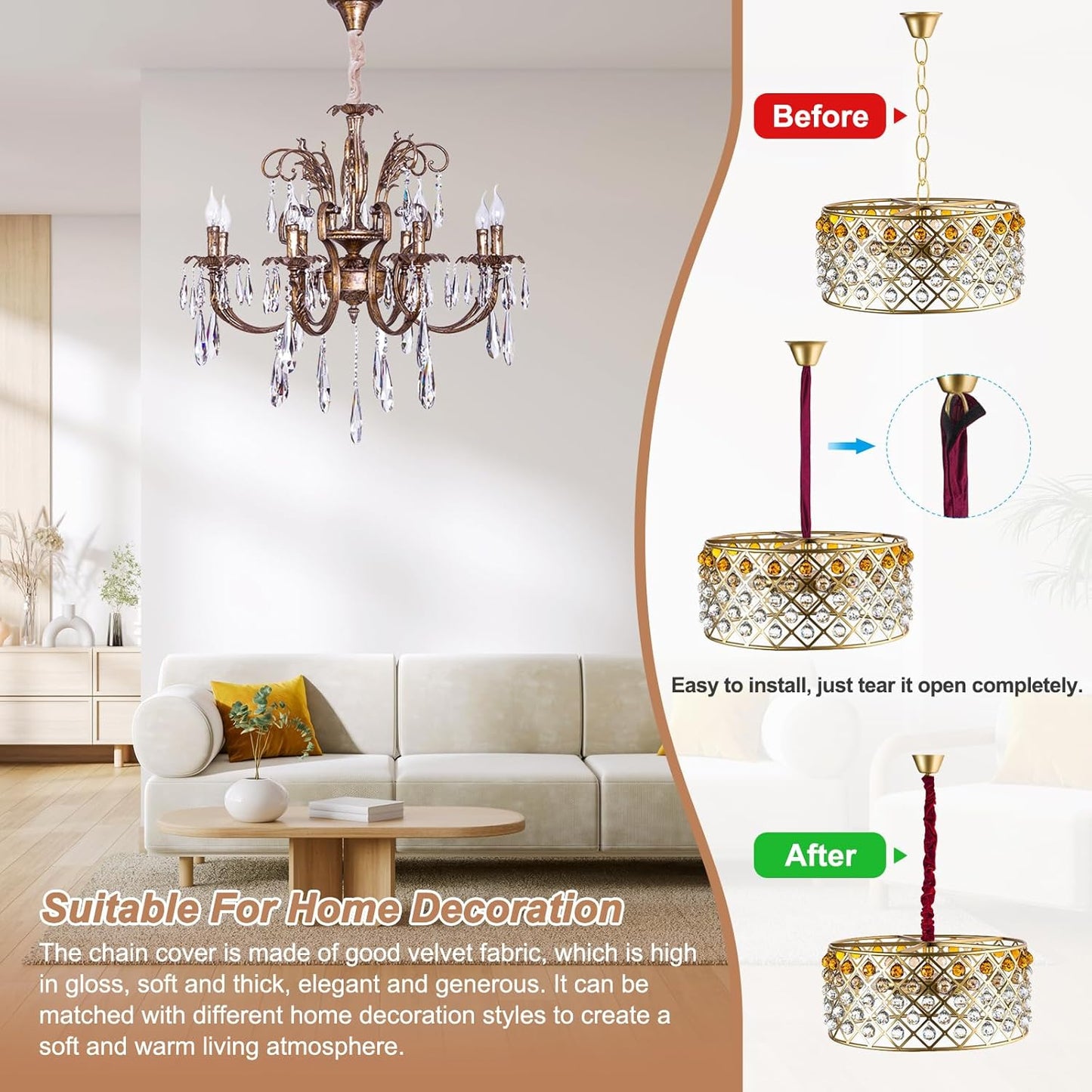 2ft PATIKIL Chandelier Chain Cord Cover, Velvet Cloth Fabric Chain Sleeve Decorative Cord Covers for Chandelier Wires