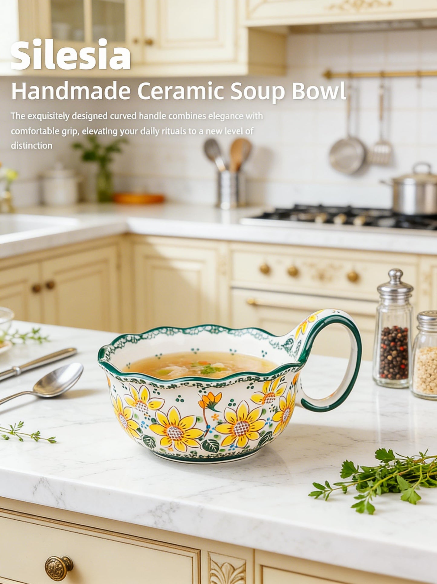 silesia Handmade Ceramic Soup Bowl, 30 oz Hand Painted Bowl with Loop Handle, Floral Design Cereal Bowl for Soup, Ice cream, Snack, Microwave & Dishwasher Safe (Sunflower)