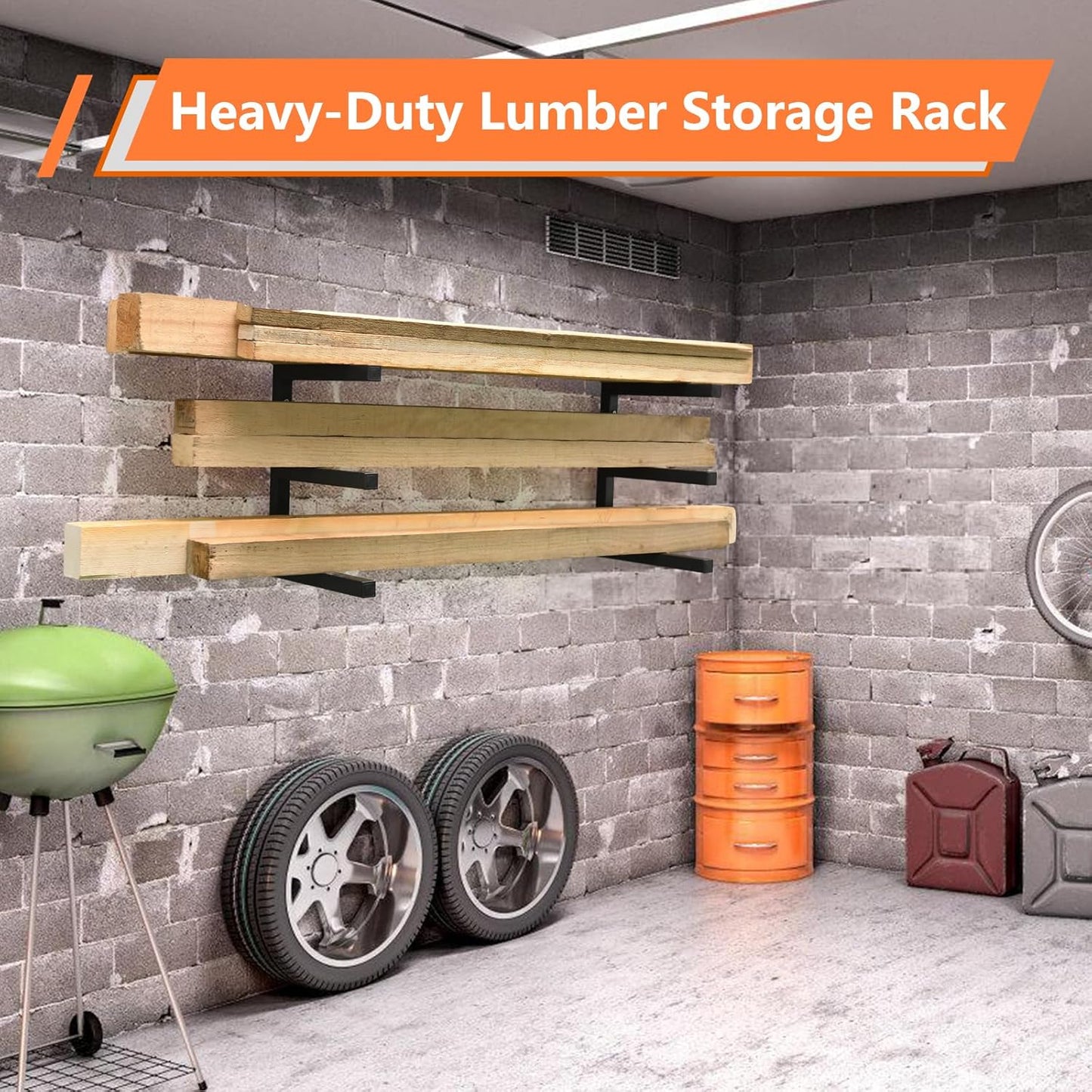 Wood Organizer Rack by [Brand Name] - Heavy Duty Wall-Mounted Lumber Storage | 3-Level System, Holds 220 LBS Per Level (Black)