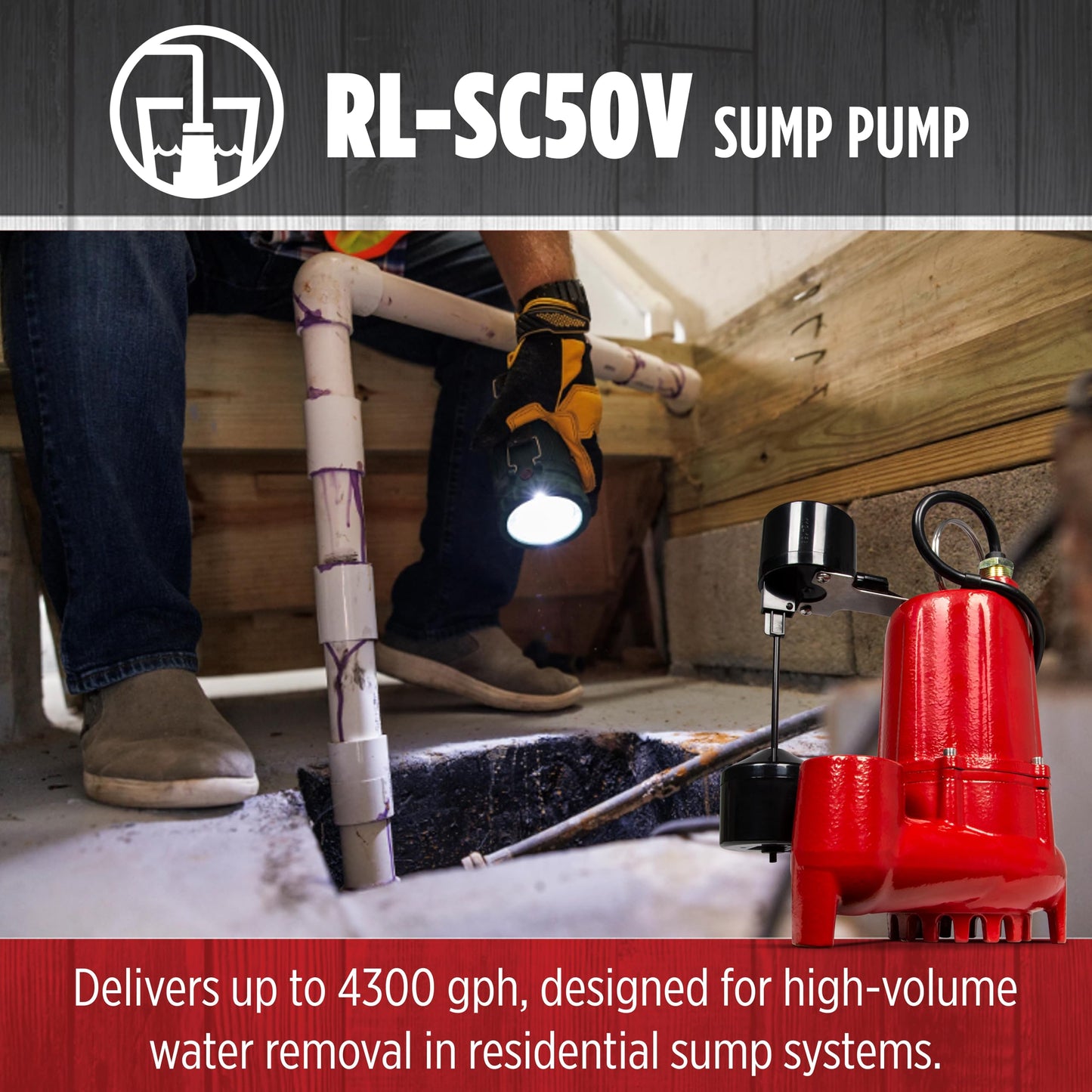 Red Lion RL-SC50V Submersible Water Pump, Heavy Duty Automatic Sump Pump with Vertical Float Switch, 1/2 HP, 4300 GPH, Cast Iron