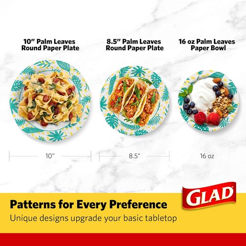 Glad Round Disposable Paper Plates - Soak Proof & Cut Resistant, 10 Inch, Palm Leaves Pattern, 50 Count | Perfect for Parties & Picnics
