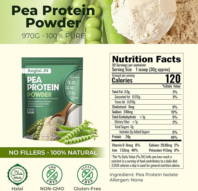 Pea Protein Powder, 24g of Plant-Based Protein, Unflavored, Vegan, Gluten-Free, Non-GMO, No Added Sugar, Easily Digested Isolate Form, 2 lb (30 Servings), Ideal for Vegetarians, Fitness