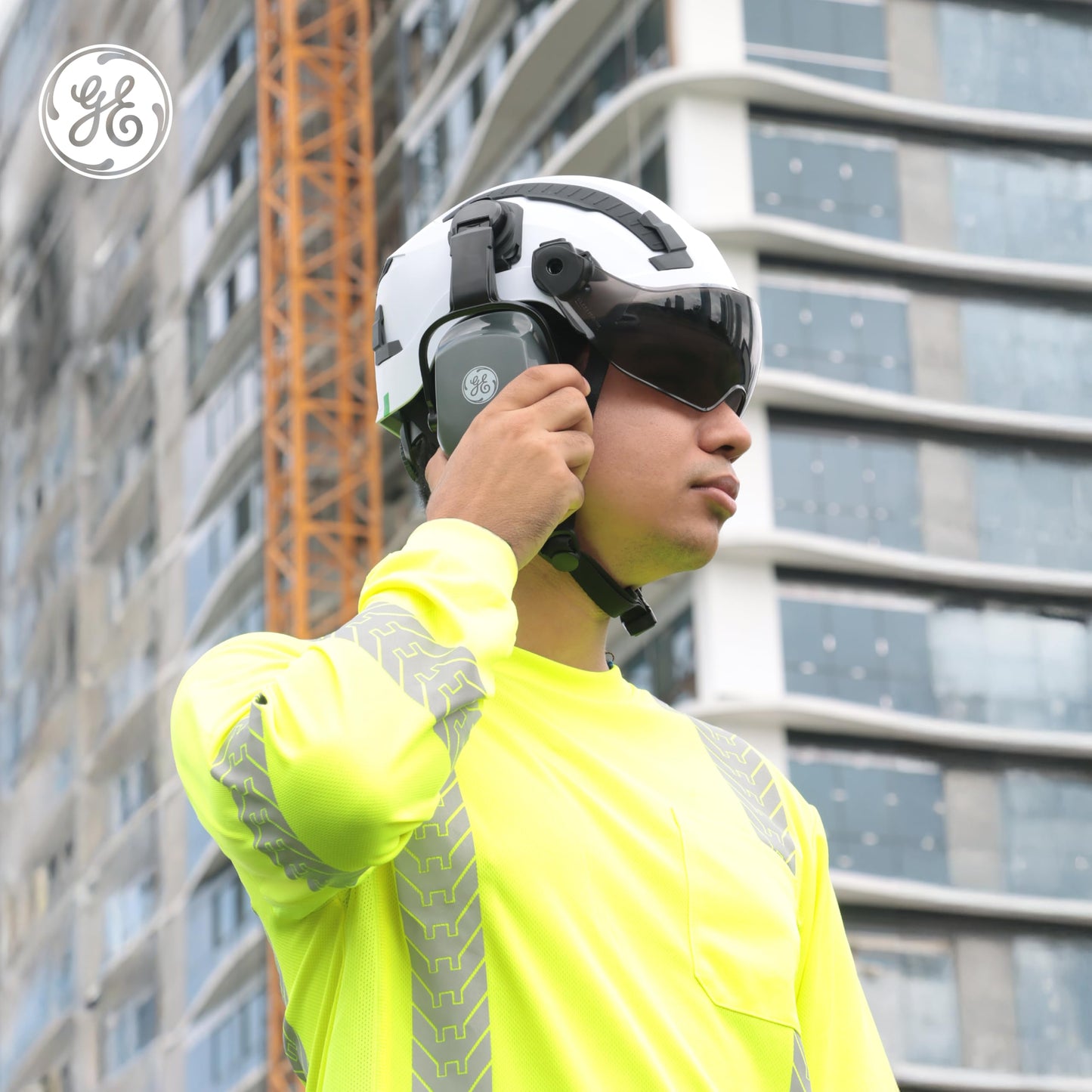 Complete Safety Gear Set: GE Safety Helmet, Full Face Mesh Visor Kit & Cap Mounted Earmuff – Impact Protection | Noise Reduction | Enhanced Comfort for Construction and Industrial Work. (White)