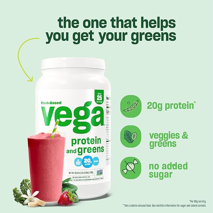 Vega Protein and Greens Protein Powder, Vanilla - 20g Plant Based Protein Plus Veggies, Vegan, Non GMO, Pea Protein for Women and Men, 1.2 lbs (Packaging May Vary)
