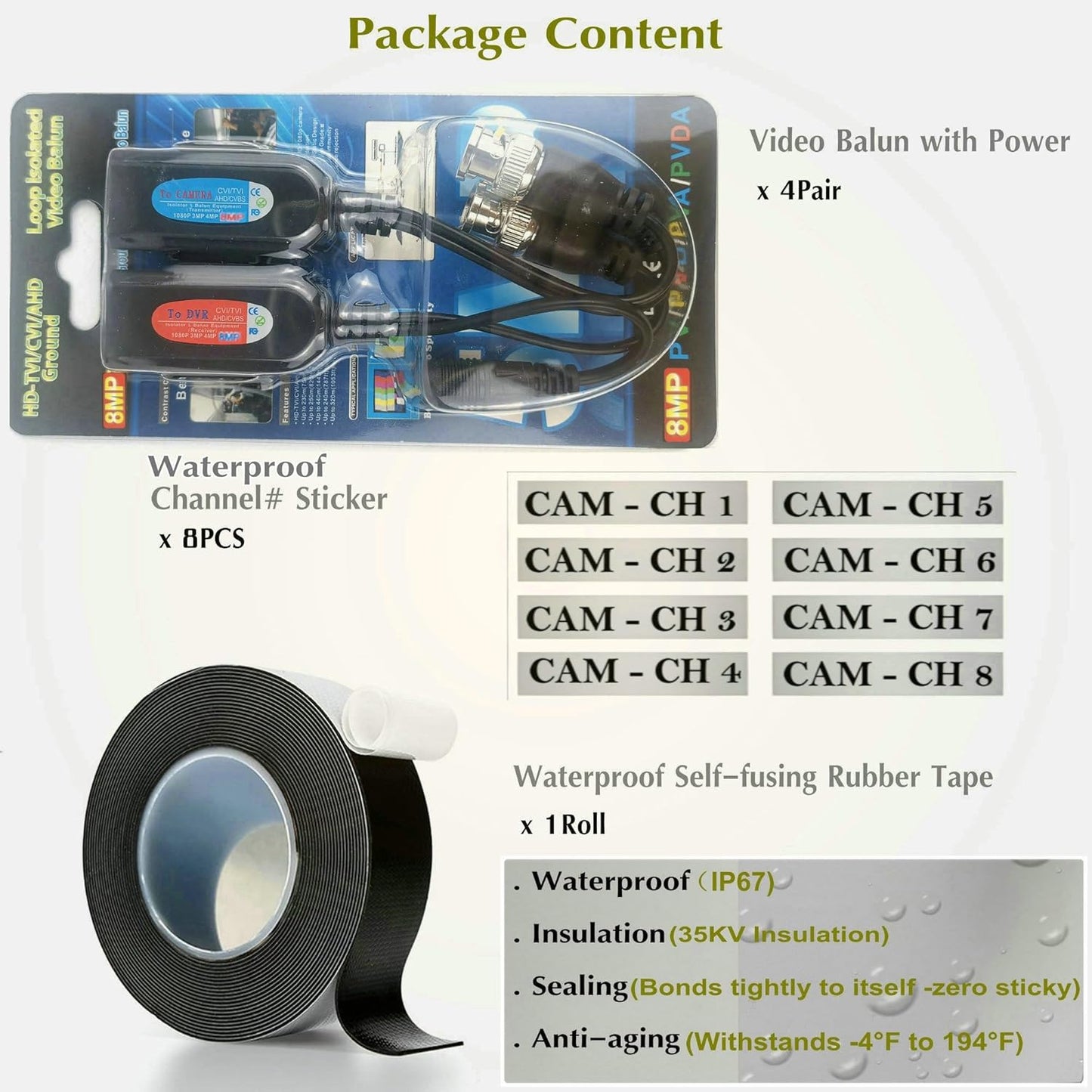 RJ45 4 8MP Cat5e/Cat6 (400ft) Chipset BNC to Video Balun with Power - Pair Ground Loop Isolated Weatherproof Adapter |