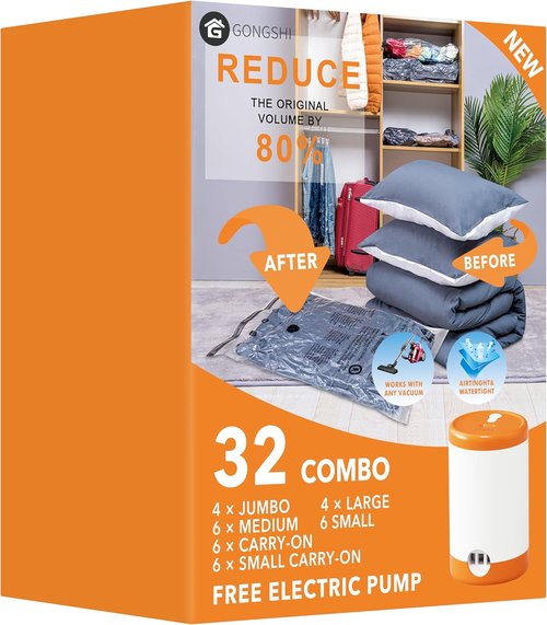 GONGSHI Vacuum Seal Bags - Space Saver for Clothing & Home Storage | 32 Combo with Pump