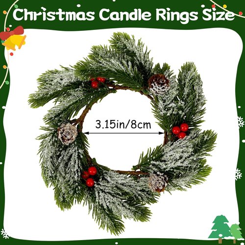 Jansun Christmas Candle Rings - 4 Pcs Red Berries & Pine Needles Mini Wreaths for Holiday Decor
