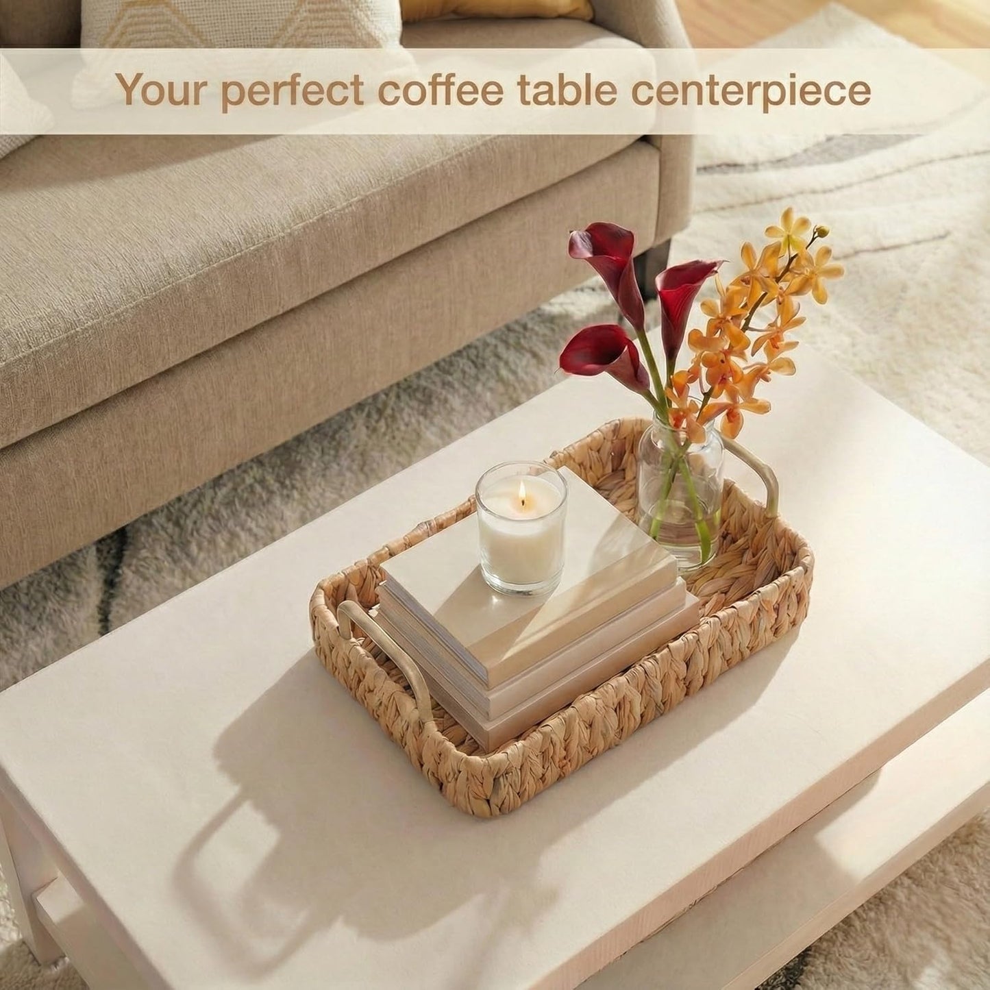 WickerCraft | Set of 2 Rectangular Wicker Trays with Handles - Stylish Decorative Trays for Home (Natural)