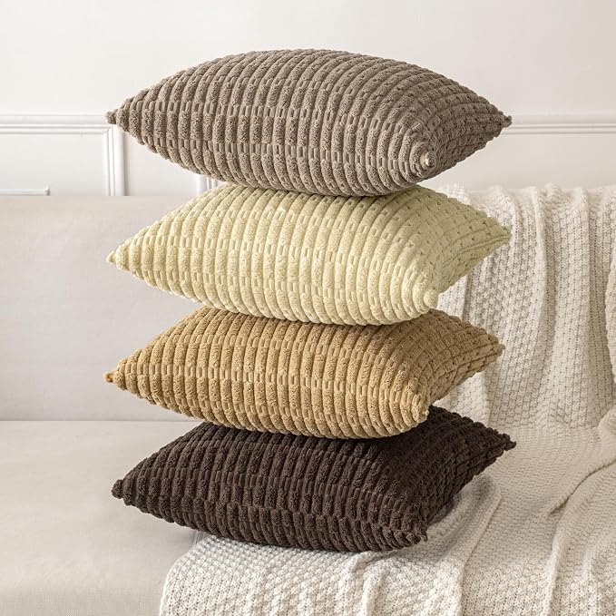 MIULEE Pack of 2 Corduroy Decorative Throw Pillow Covers 20x20 Inch Soft Boho Striped Pillow Covers Modern Farmhouse Home Decor for Sofa Living Room Couch Bed Beige