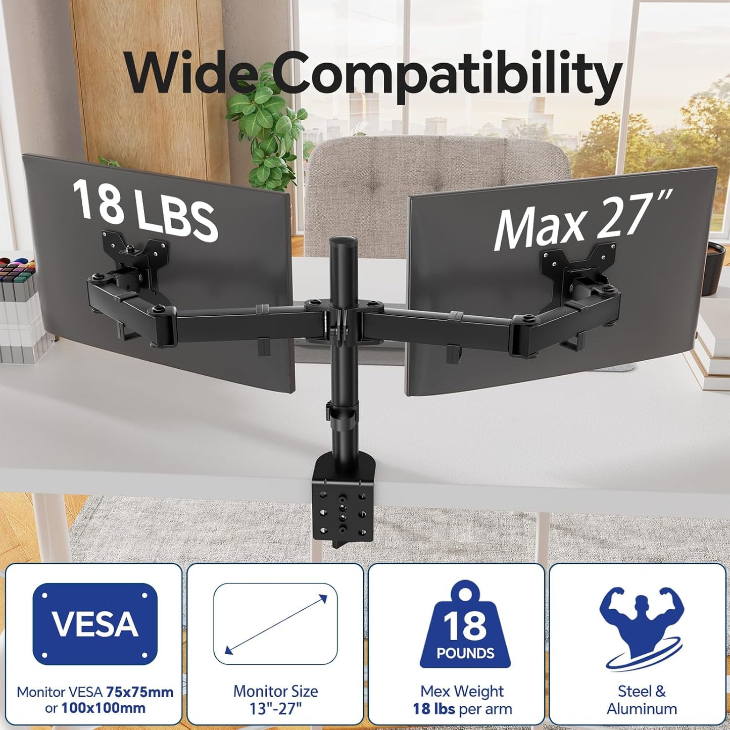 Simple Trending 2 27 Inches, Dual Monitor Stand, Monitor Arm, Heavy Duty Adjustable Monitor Desk Mount for Screens up
