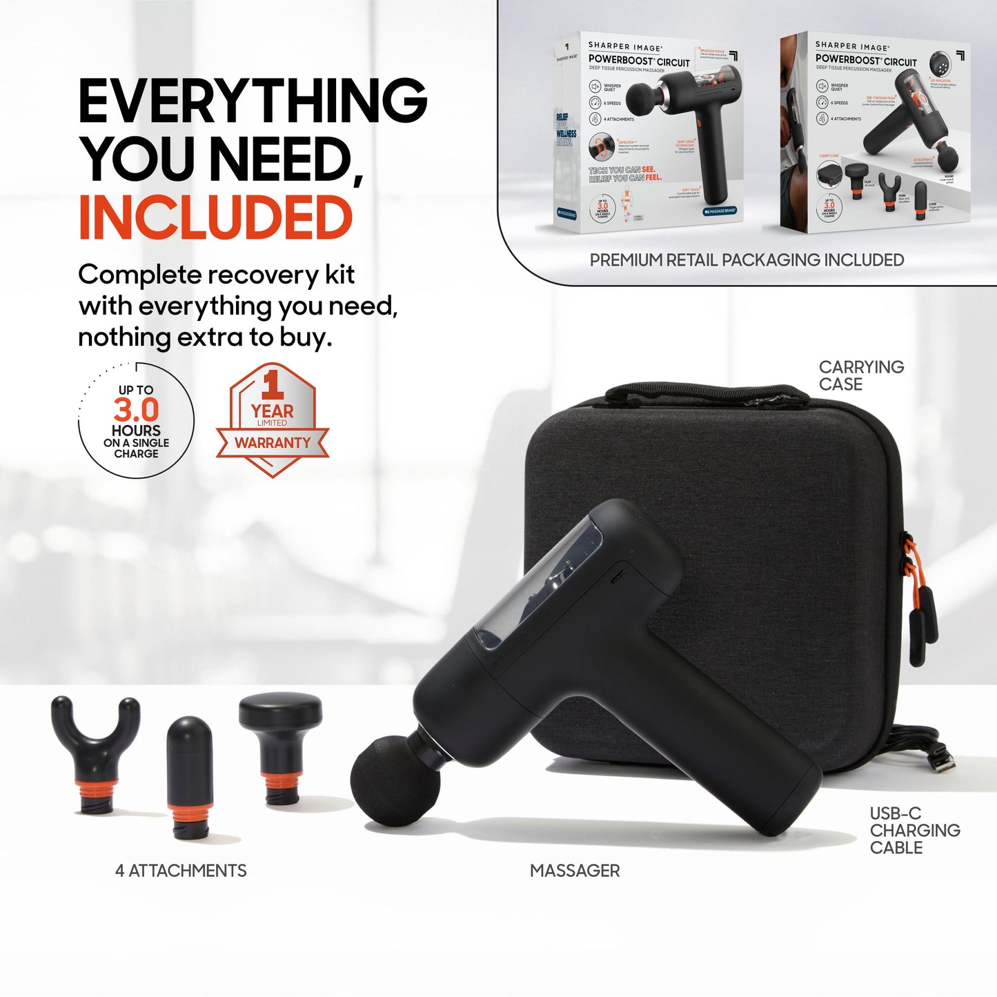 Sharper Image PowerBoost Circuit Massage Gun [2026 Version] Deep Tissue Percussion Massager with 6 Speeds for Back, Shoulders, & Full Body Muscle Pain Relief, with 4 Attachments & Travel Case