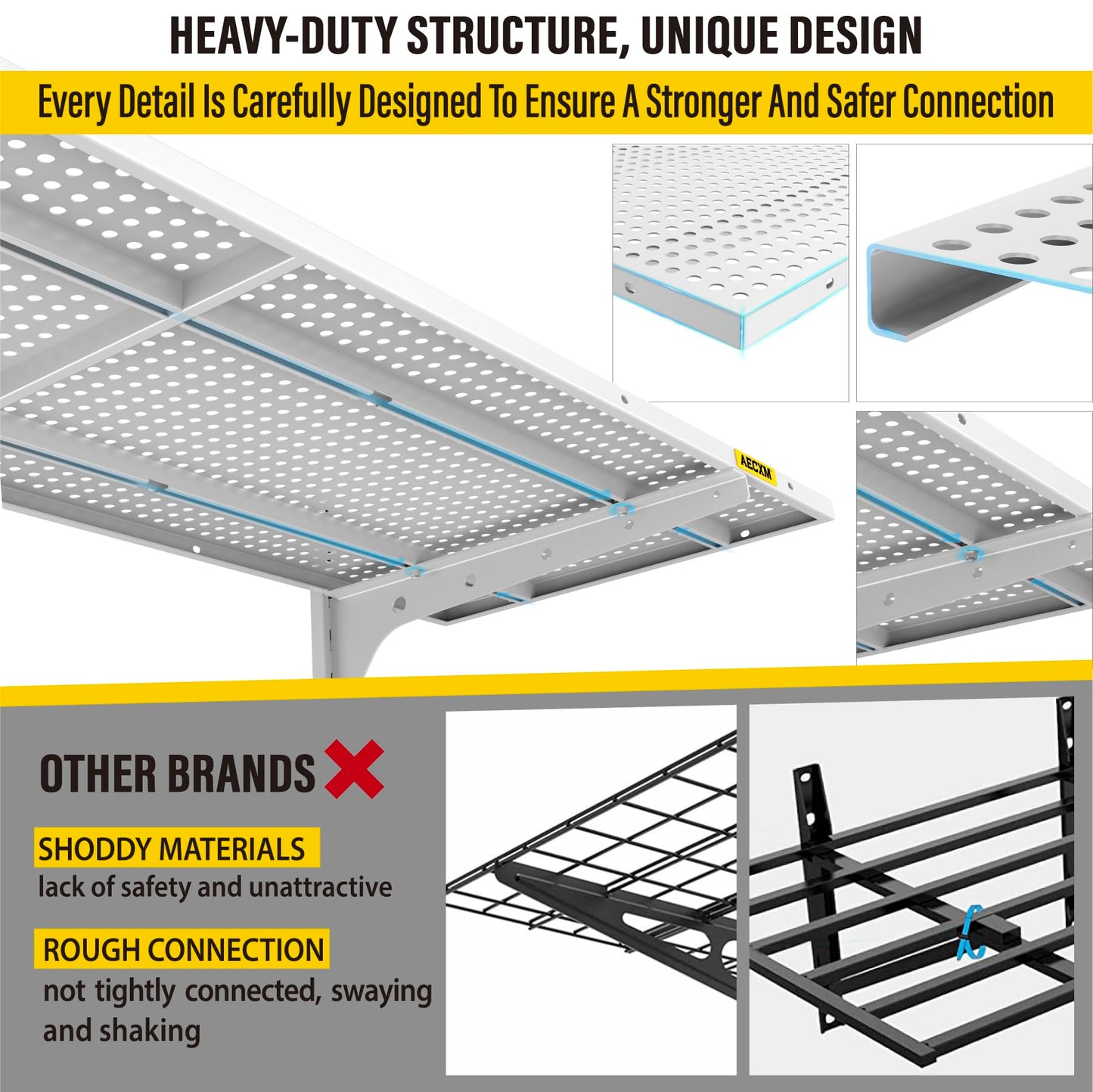 Aecxm 1pack×2 Tier 1.3x4ft Garage Shelving Wall Mounted, 260lbs Load Capacity，15.6x48inch per Shelf Height Cassette Adjustable Floating Shelves(White)