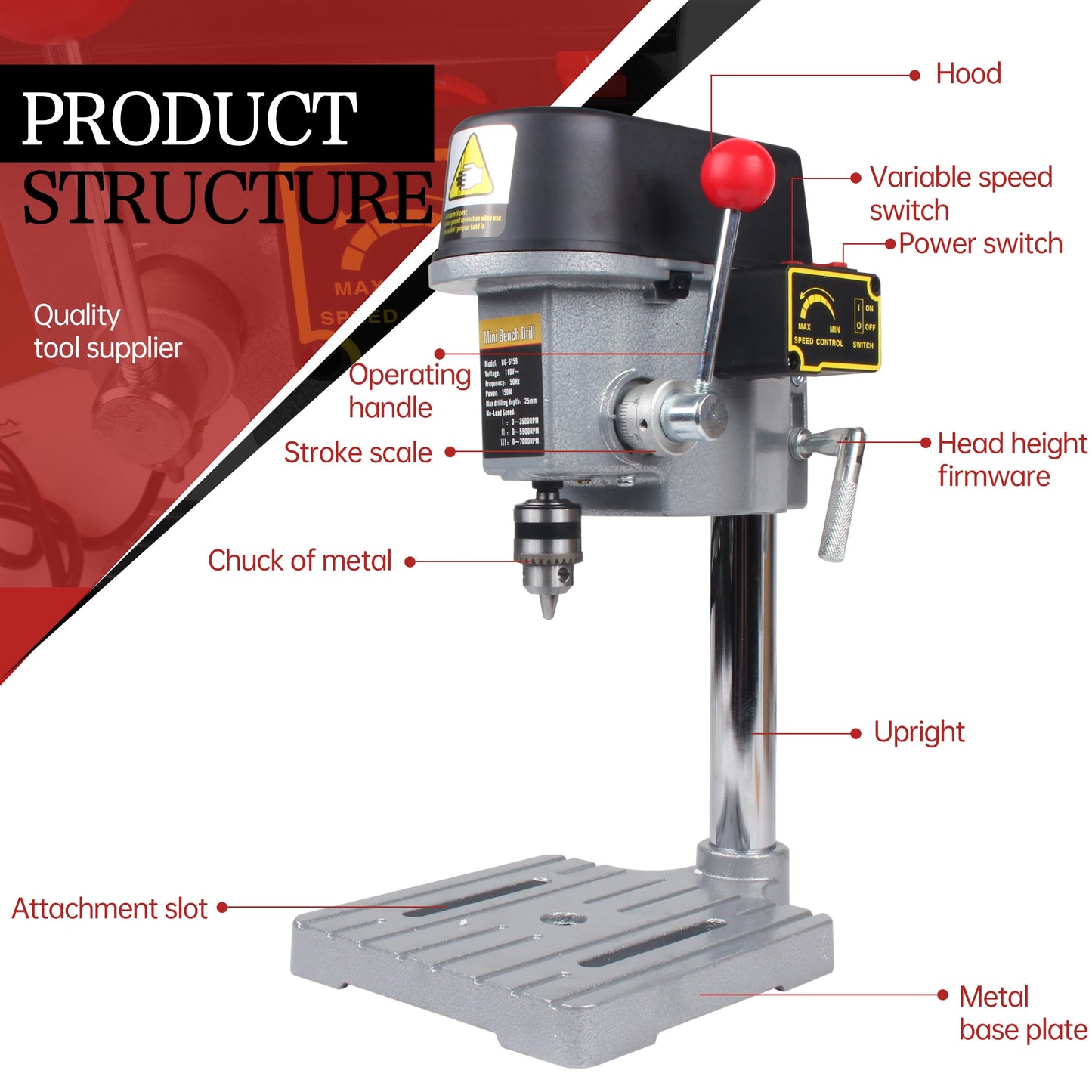 RATTMMOTOR Benchtop Drilling Machine 340W 110V 16000RPM Mini Bench Drill Press 25mm Stroke Drill Chuck 0.6-6.5mm Multi-Function Drilling Milling Machine