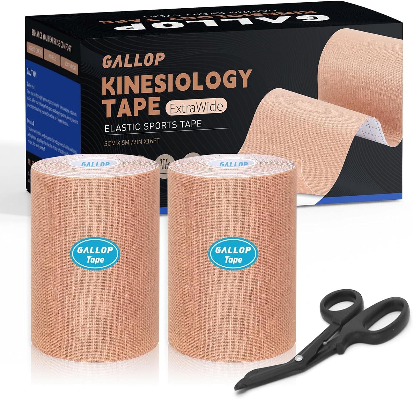 GALLOP Kinesiology Tape 4-Inch Wide – 2 Rolls (16.4ft Each) + Scissors – Waterproof, Latex-Free Athletic Muscle Support Tape for Workout & Sports