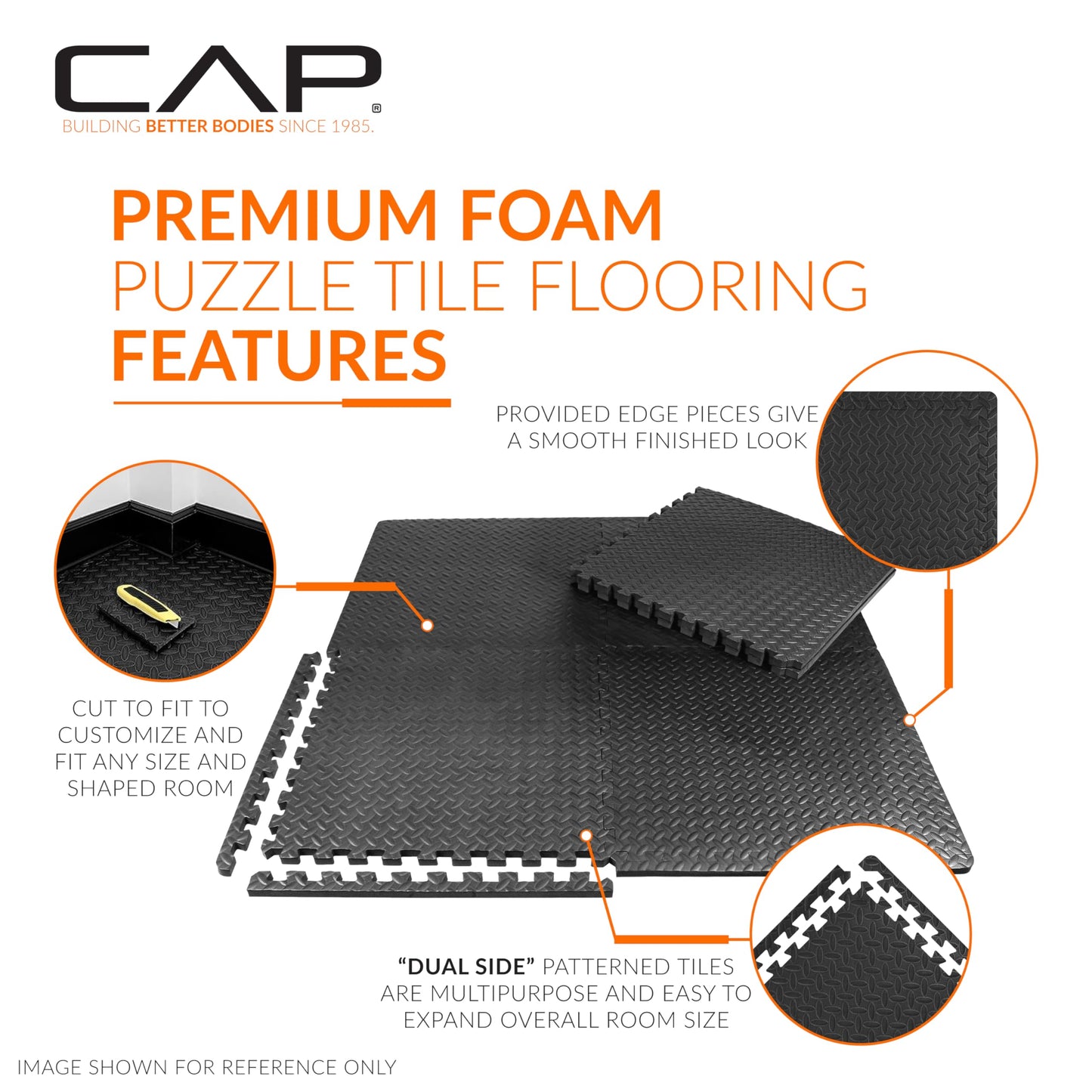 CAP Barbell 3/4-Inch Interlocking EVA Foam Exercise Puzzle Mat Home Gym Flooring - 2 Pack | 24" x 24" x 3/4" | Diamond Pattern - Black