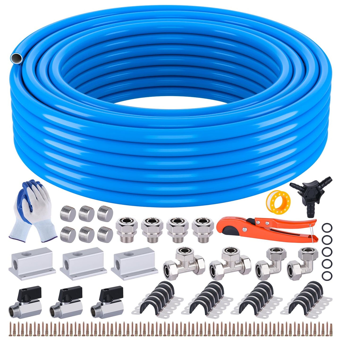 MOLAVIEE Compressed Air Line Kit, 3/4 Inch ID x 100FT HDPE-Aluminum Compressed Air Piping System, Garage Air Compressor Line Kit Accessories for Shop | 200 PSI | 90PCS