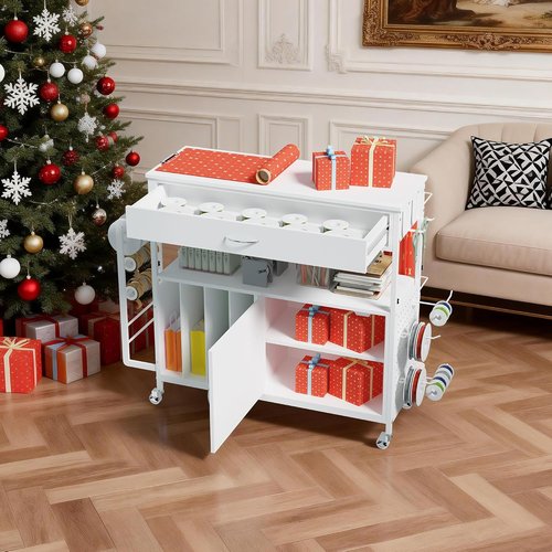 Height-Adjustable Gift Wrapping Station by [Brand Name] - Rolling Cart with Paper Clamp & Ribbon Storage | White