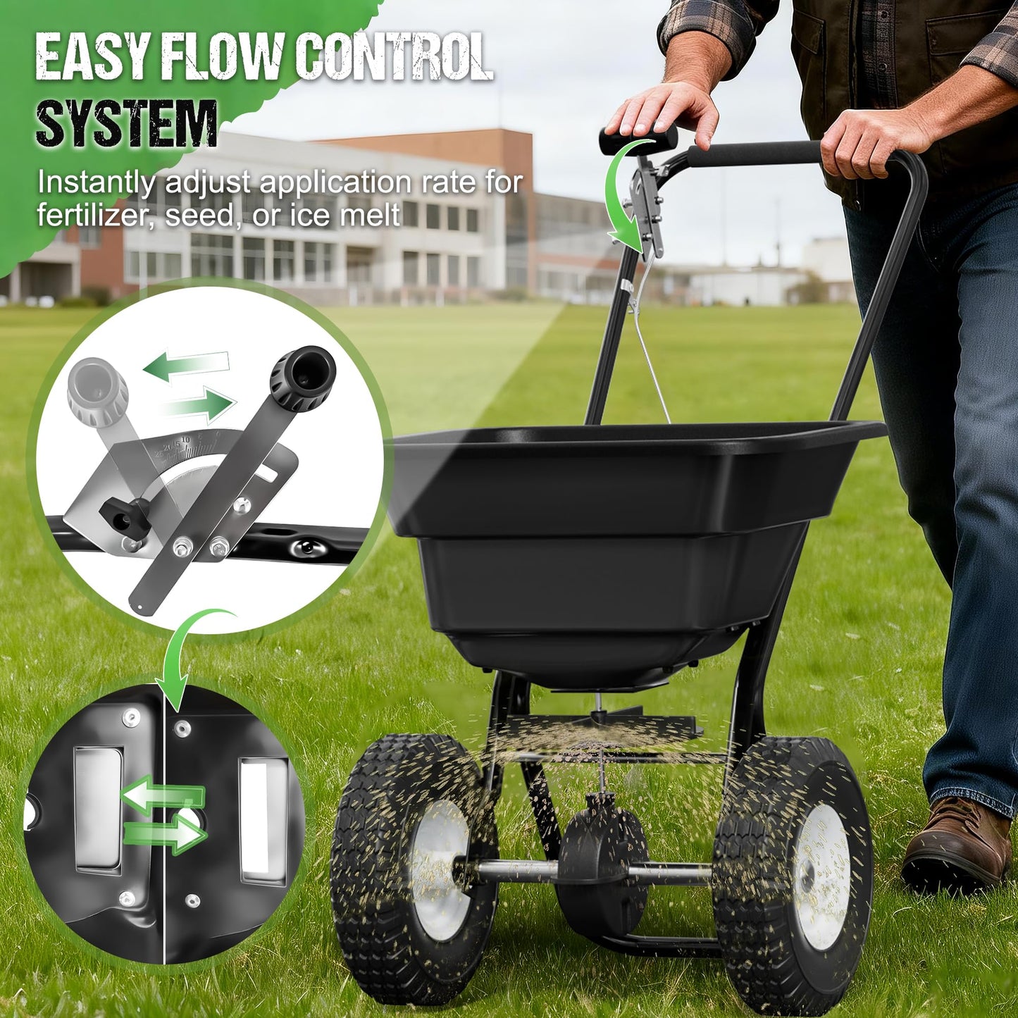 PPOLB Broadcast Spreader for Lawns, 80LB Fertilizer Spreader with 25-Level Flow Control, Walk Behind Lawn Seed & Salt Spreader, 0–10FT Coverage, Hopper Screen, Rain Cover, 12" Pneumatic Wheels