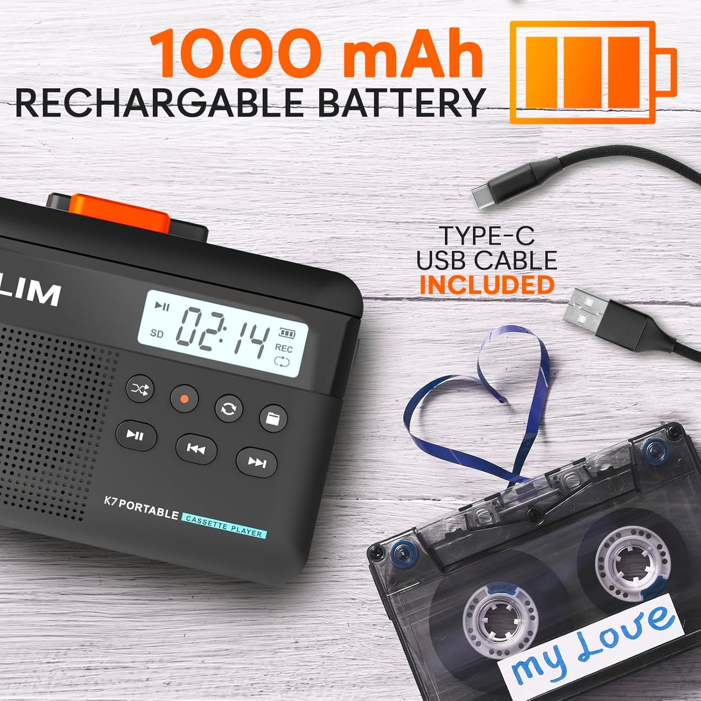 K7 Cassette Cassette MP3 16GB KLIM Tape Player - to Converter - Portable - Built-in Microphone & Speaker - Rechargeable