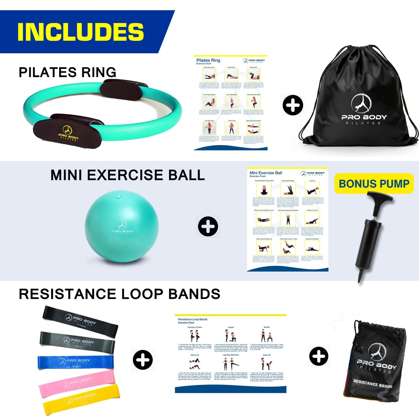 ProBody Pilates Ring Set with 14-Inch Magic Circle Ring, 9-Inch Exercise Ball, 5 Resistance Bands, Pump, Training Guides, & Storage Bag for Core Strength, Balance, Stability Training (Aqua)