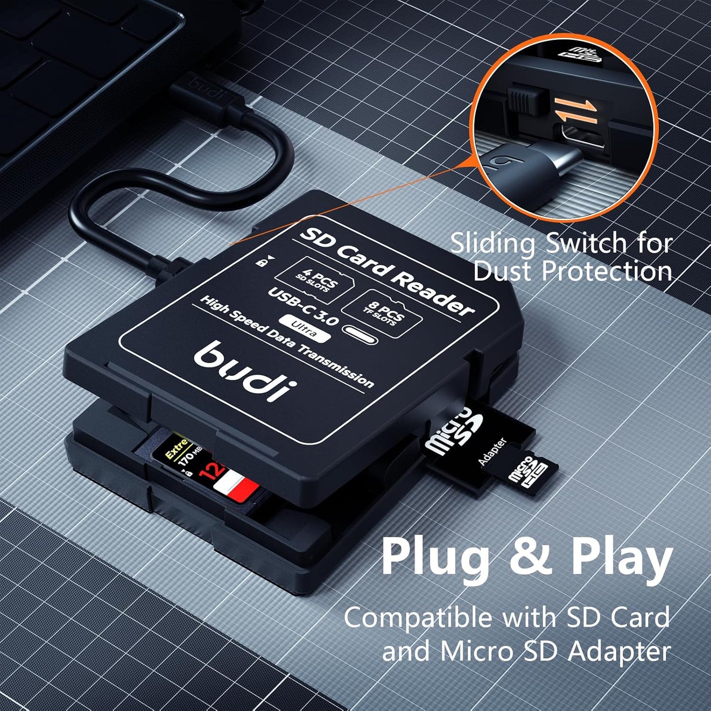 BUDI 8 16/15/14/13/12/11/Pro Micro SD Memory Card Reader with Slots TF-Styled Memory Card Storage Case Supports USB
