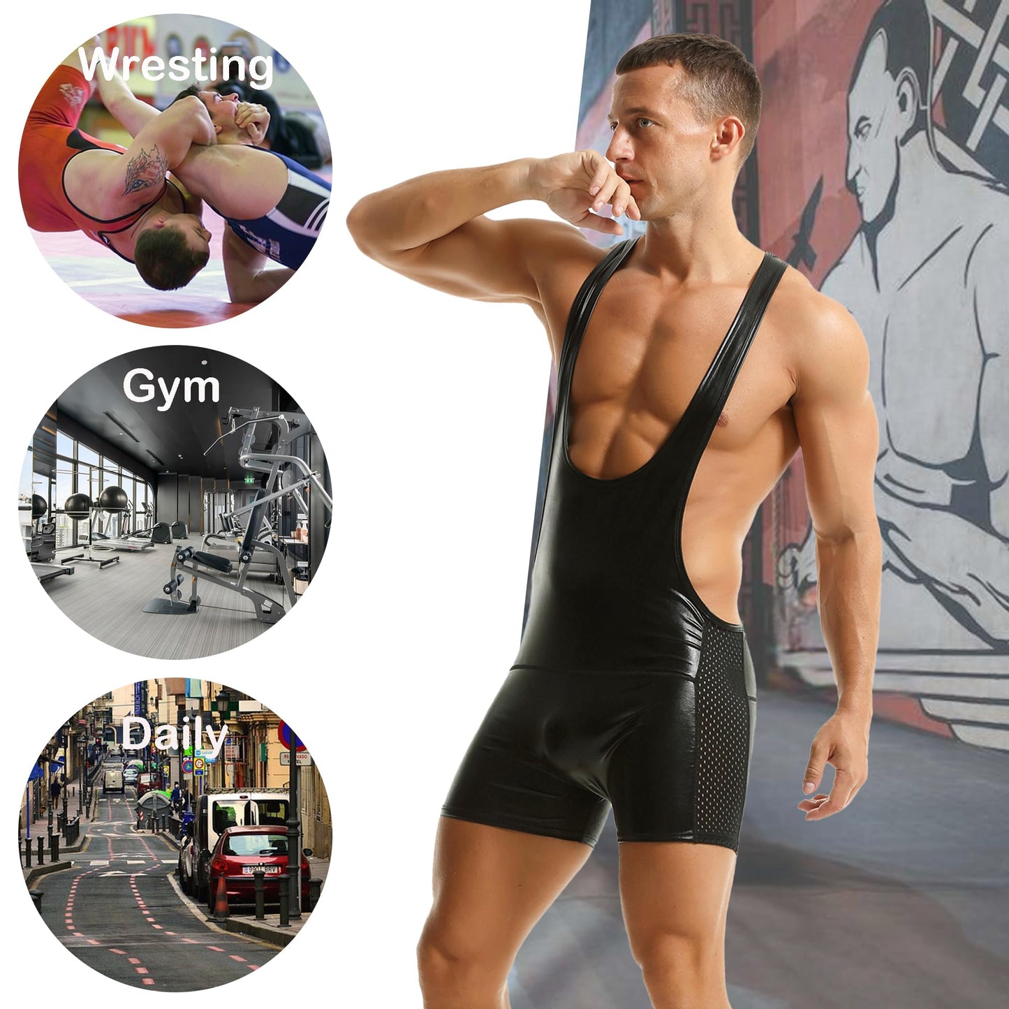 QiaTi Mens Athletic Supporters Sports Underwear Bodysuit Jumpsuit Wrestling Singlet