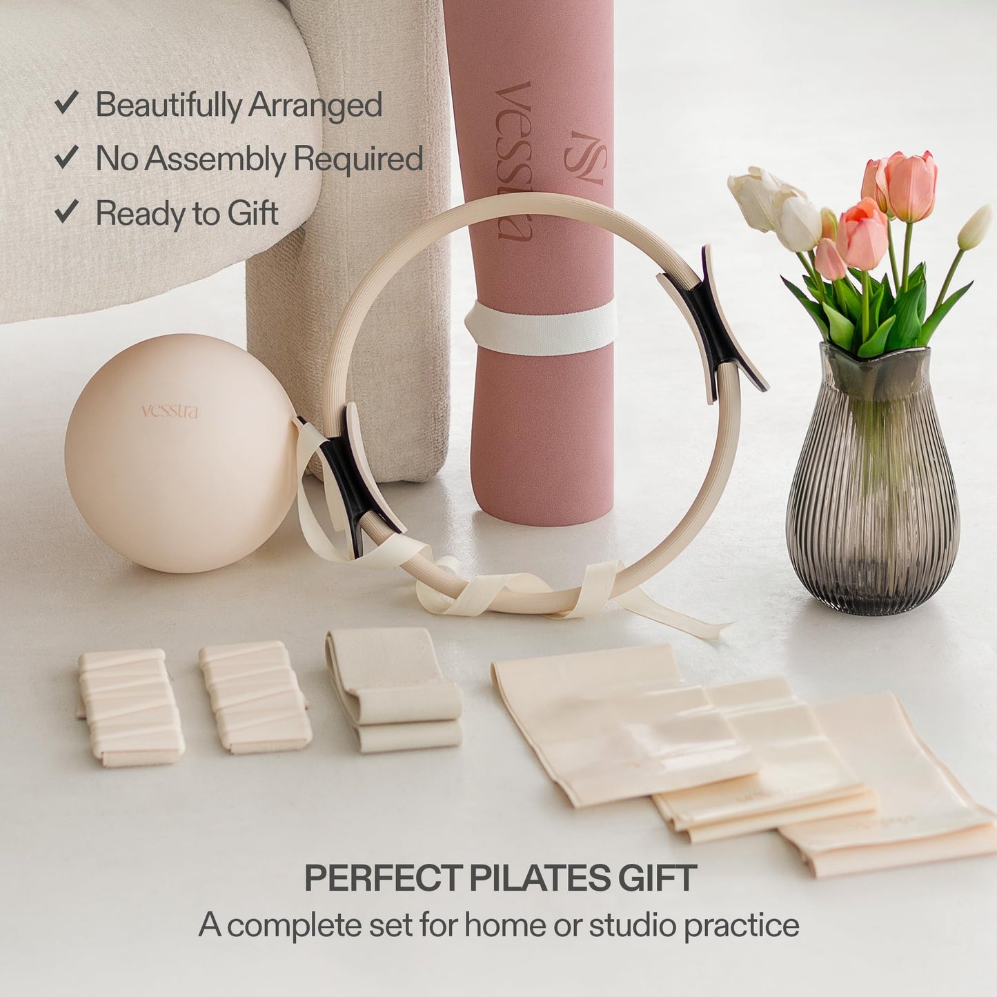 Vesstra Signature Pilates Set - Complete Pilates Kit with Ring, Ball, Wrist and Ankle Weights & Resistance Bands for Home or Studio Workouts