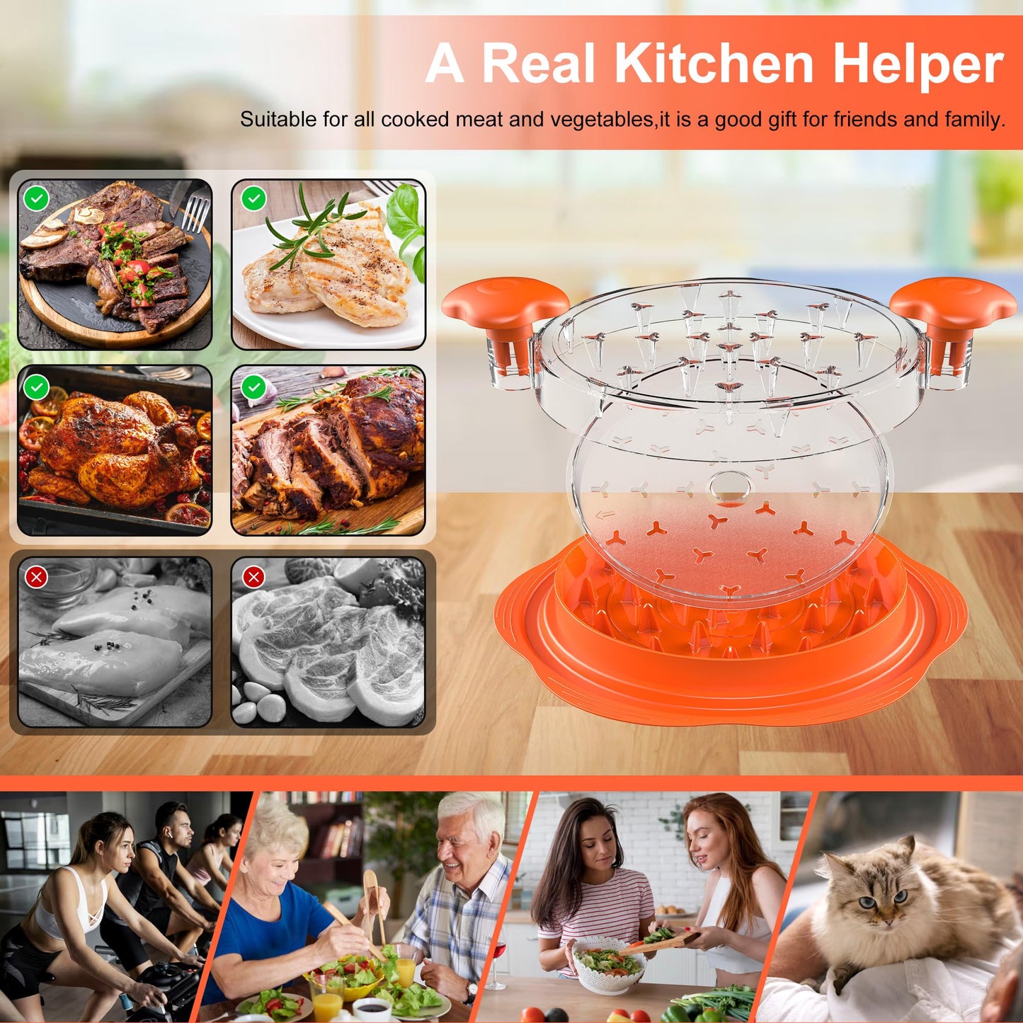 Chicken Shredder with Removable Plate - Manual Meat Shredder Tool with Transparent Lid & Cleaning Brush, Dishwasher Safe Kitchen Gadget for Shredding Chicken, Pork, Beef, Pulled Pork(Orange)