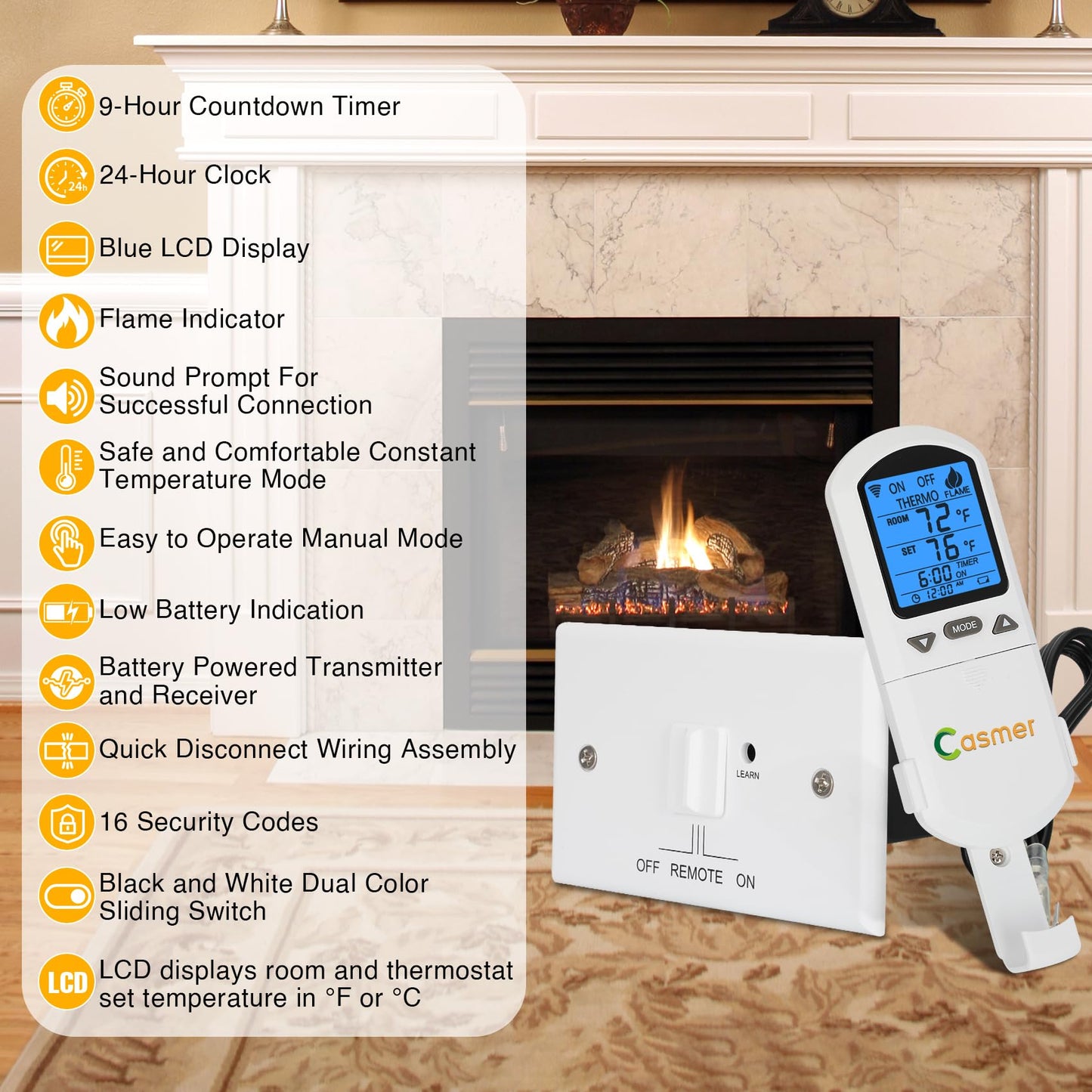 Universal Smart Fireplace Remote Control Kit, Fit skytech 1001-A,1001T/LCD-A,3301,3002,Smart-Batt, durablow TR1003, Acumen RCK, Backlit LCD Large Display, 9-Hour Countdown Timer, for Millivolt Valve