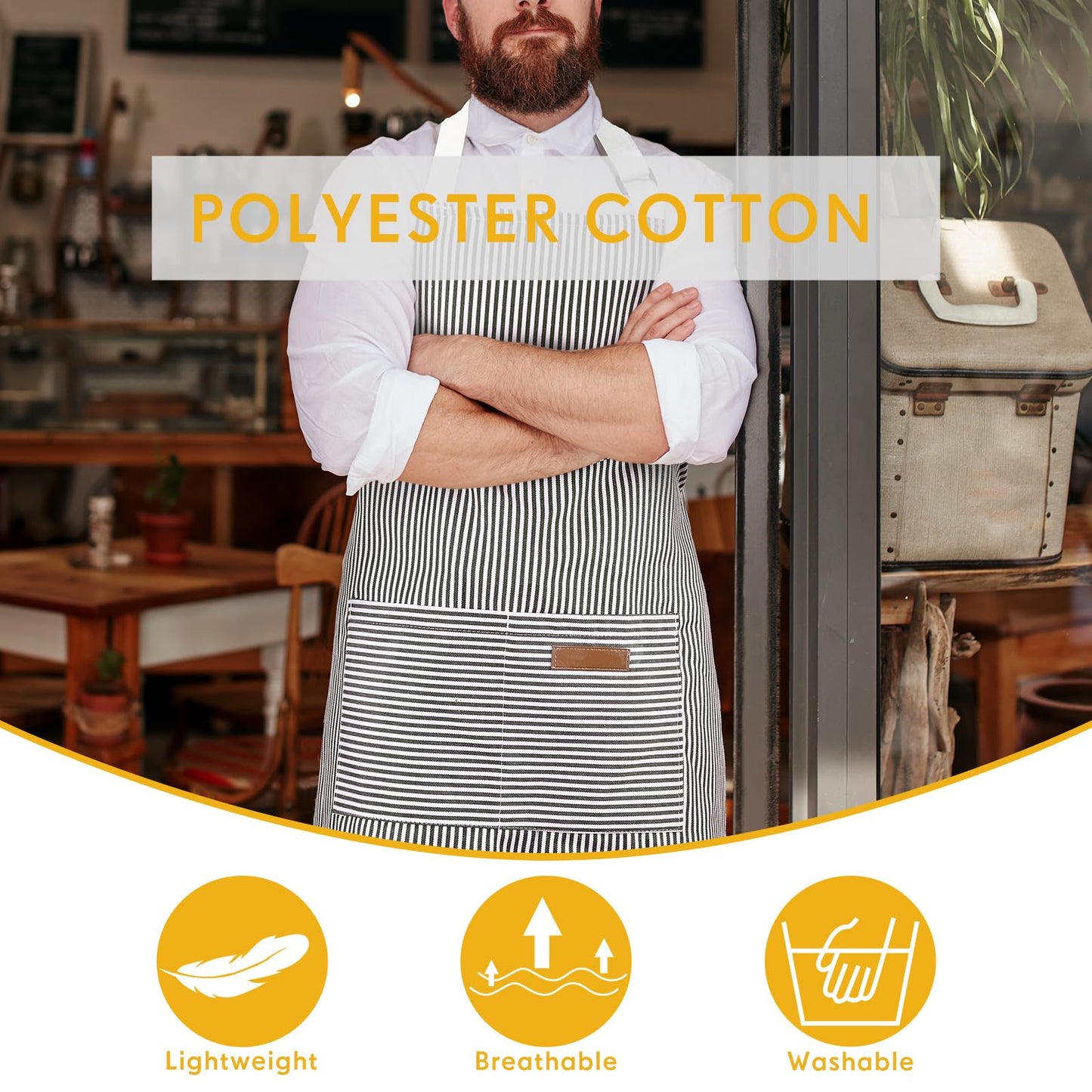 Handepo 4 Pcs Kitchen Aprons with Pockets Adjustable Waterproof Cotton Aprons Striped Apron for Women Men Chef Gift for Dad(Narrow Stripes,Gray)