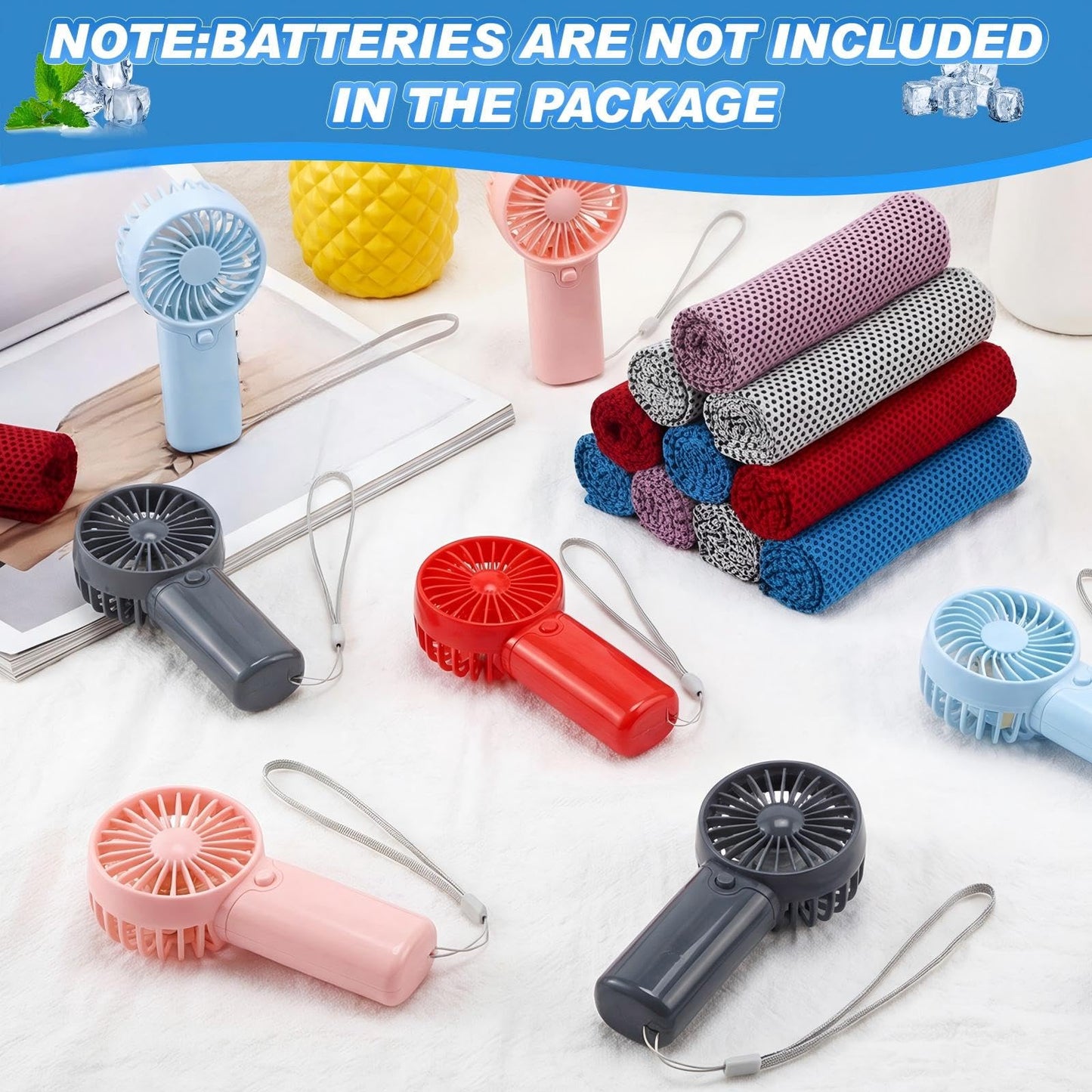 Retisee 24 Pcs Cooling Towel Mini Portable Fan Set 32 x 12 Inch Ice Towel Chilly Handheld Battery Powered Fan Cooling Sport Gifts for Travel Makeup Yoga Camping Running Summer(Fresh,Multicolor)