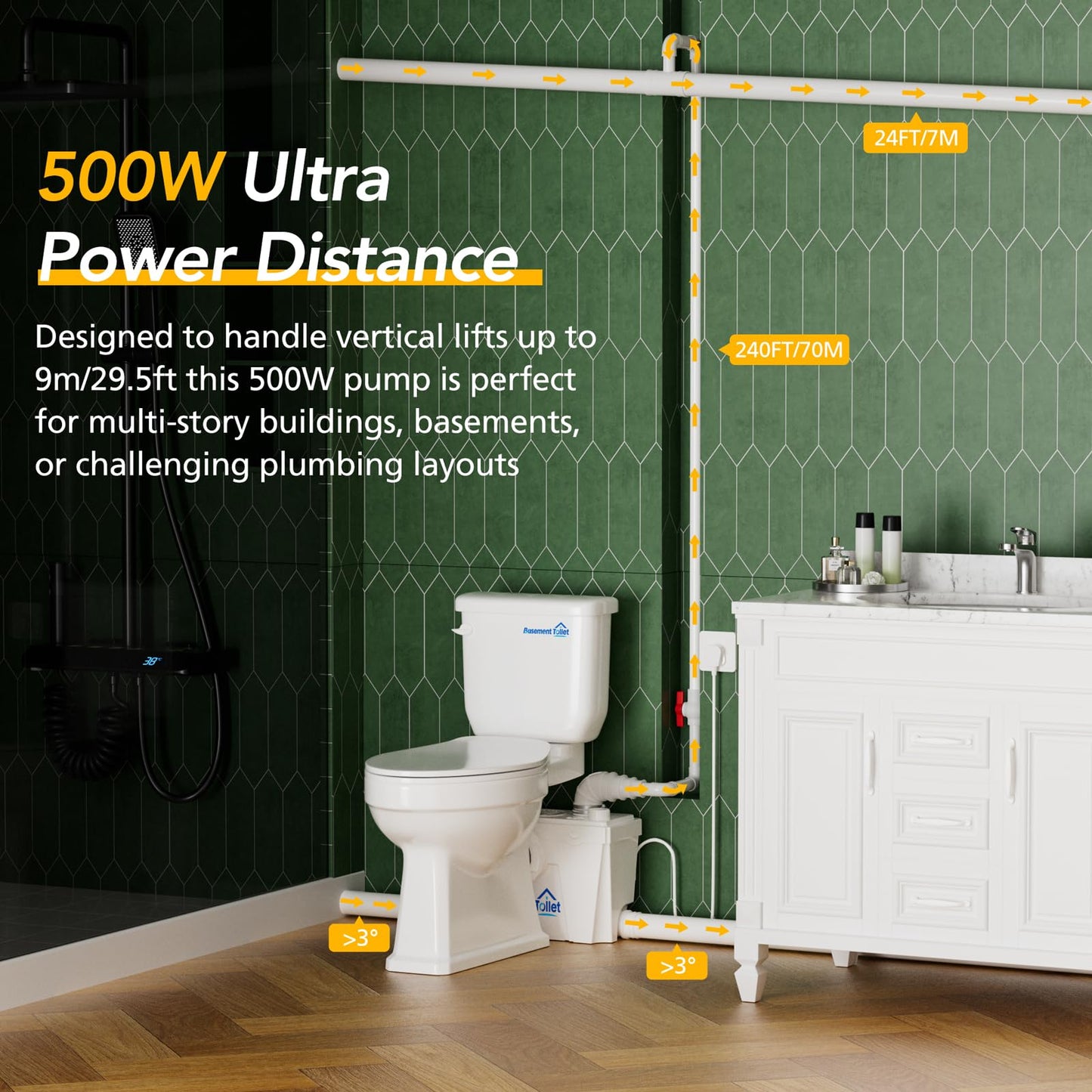 Macerator Pump for Basement Toilets, Sinks, Showers & Laundry – Upflush Pump to 23ft/8 m, 1800GPH with 4 Water Connections, Quiet & Versatile Sewage Solution for Home Bathrooms