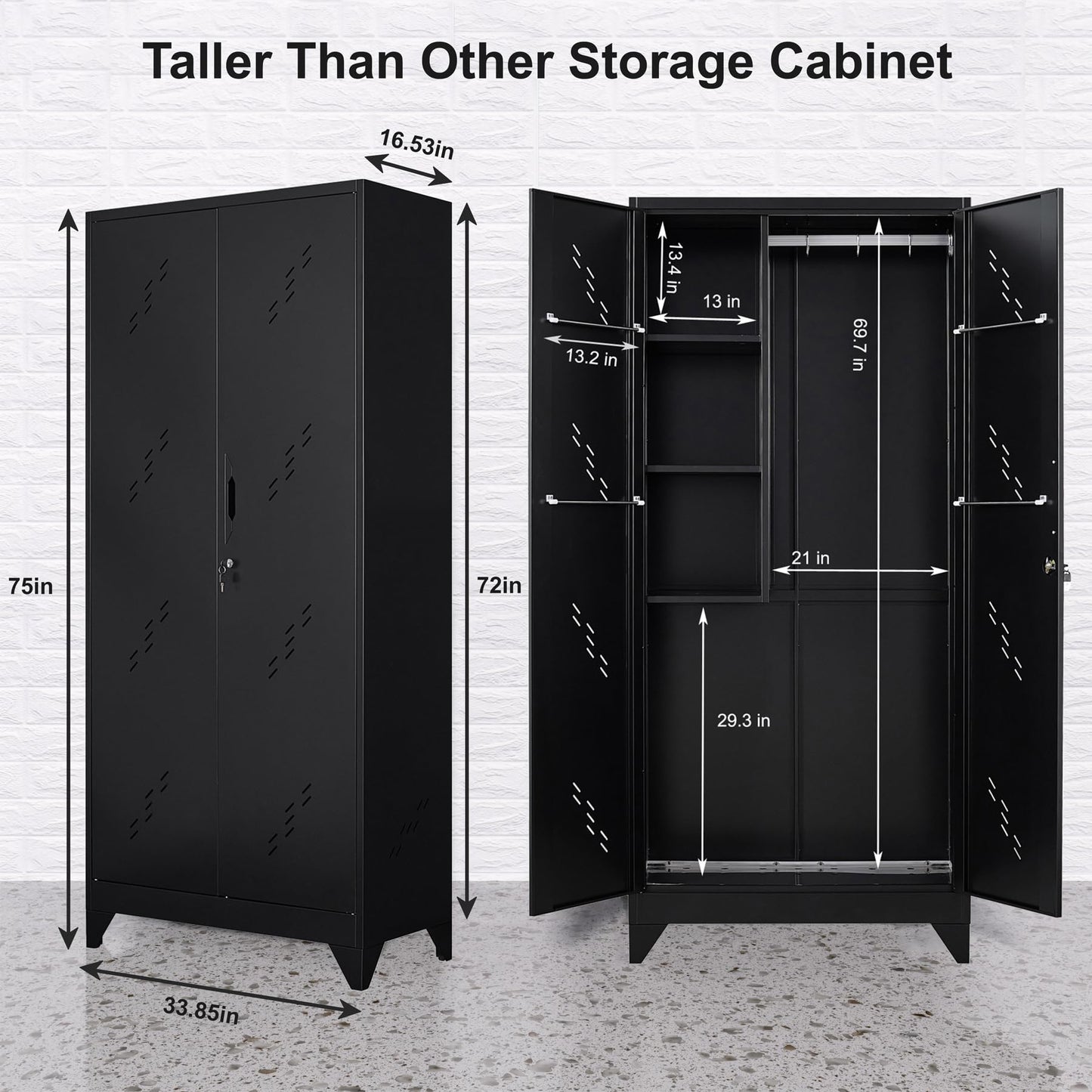 ZONLESON Metal Storage Cabinet, 75" Tall Garage Storage, Utility Cabinet for Brooms and Mops, Metal Locker with Hanging Rod for Garage, Home, Office, Laundry Room, School, Gym, Warehouses, Black