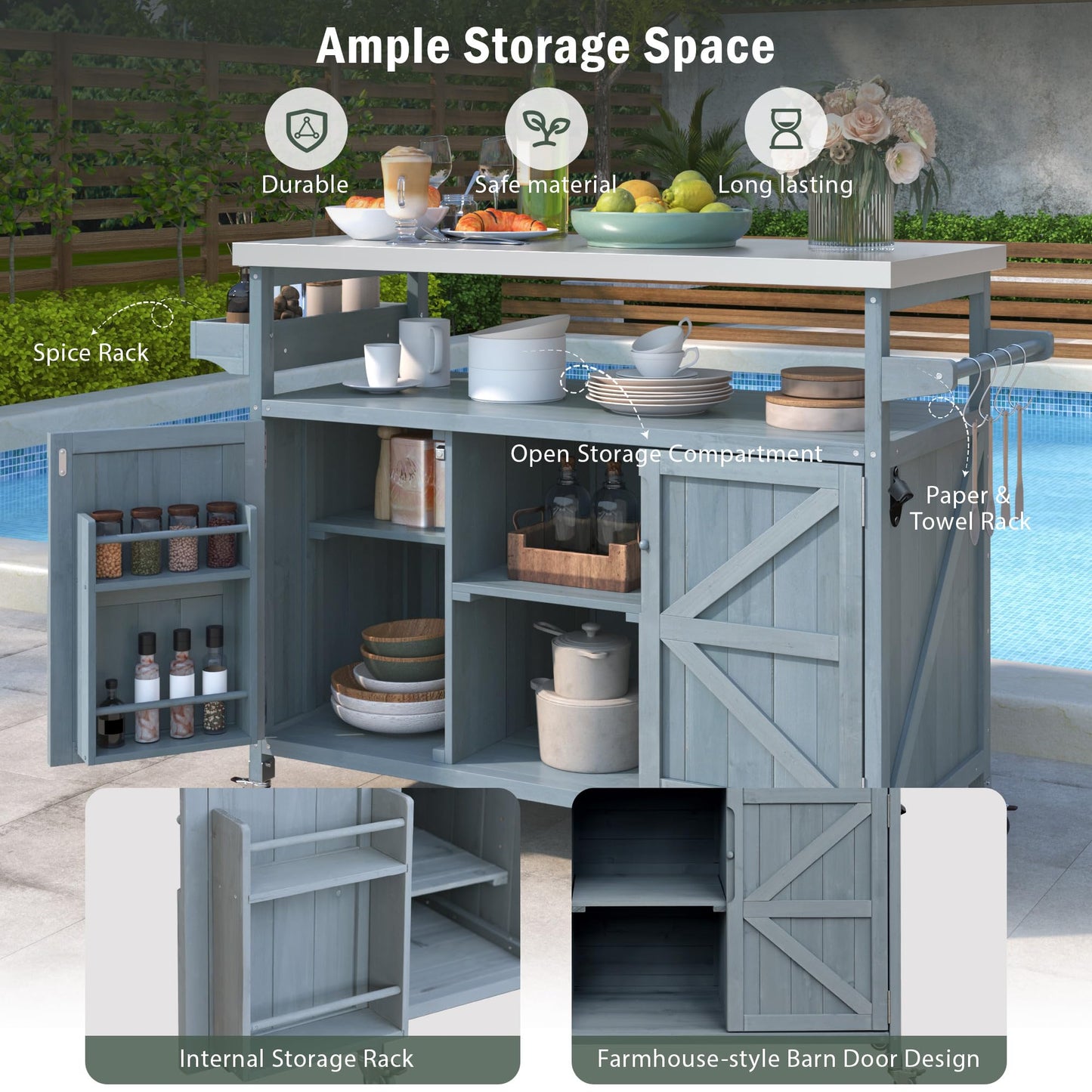 eodme Outdoor Cabinet for Patio Graden BBQ Grill Cart with Storage Cabinet, Home Rolling Kitchen Island Food Prep Table with Stainless Steel Top, Shelves, Spice Rack, Towel Rack(Grey Blue)