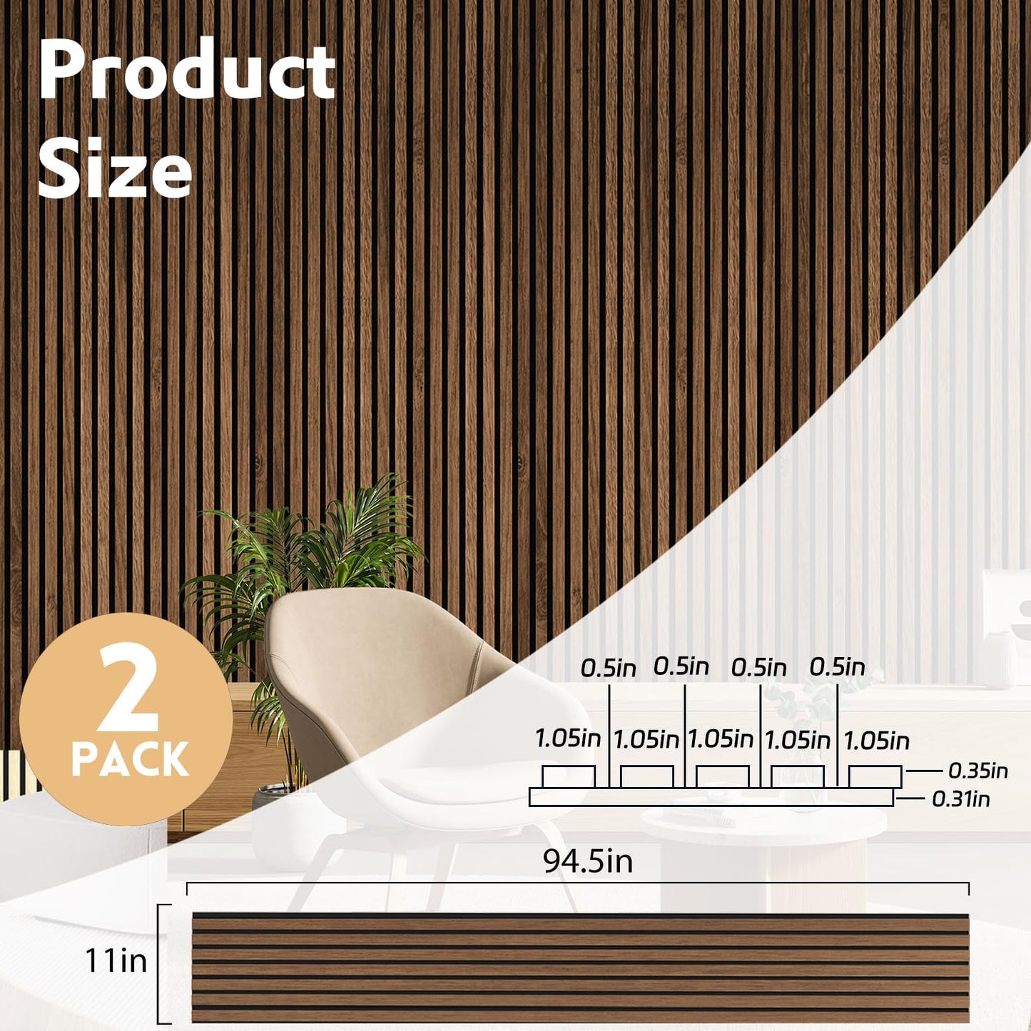 Ritollo Wood Panels for Wall 94.5"×11" Acoustic Panels for Interior Wall Decor, 3D Wood Slat Fluted Sound Absorbing Panel - Walnut 2 Pack