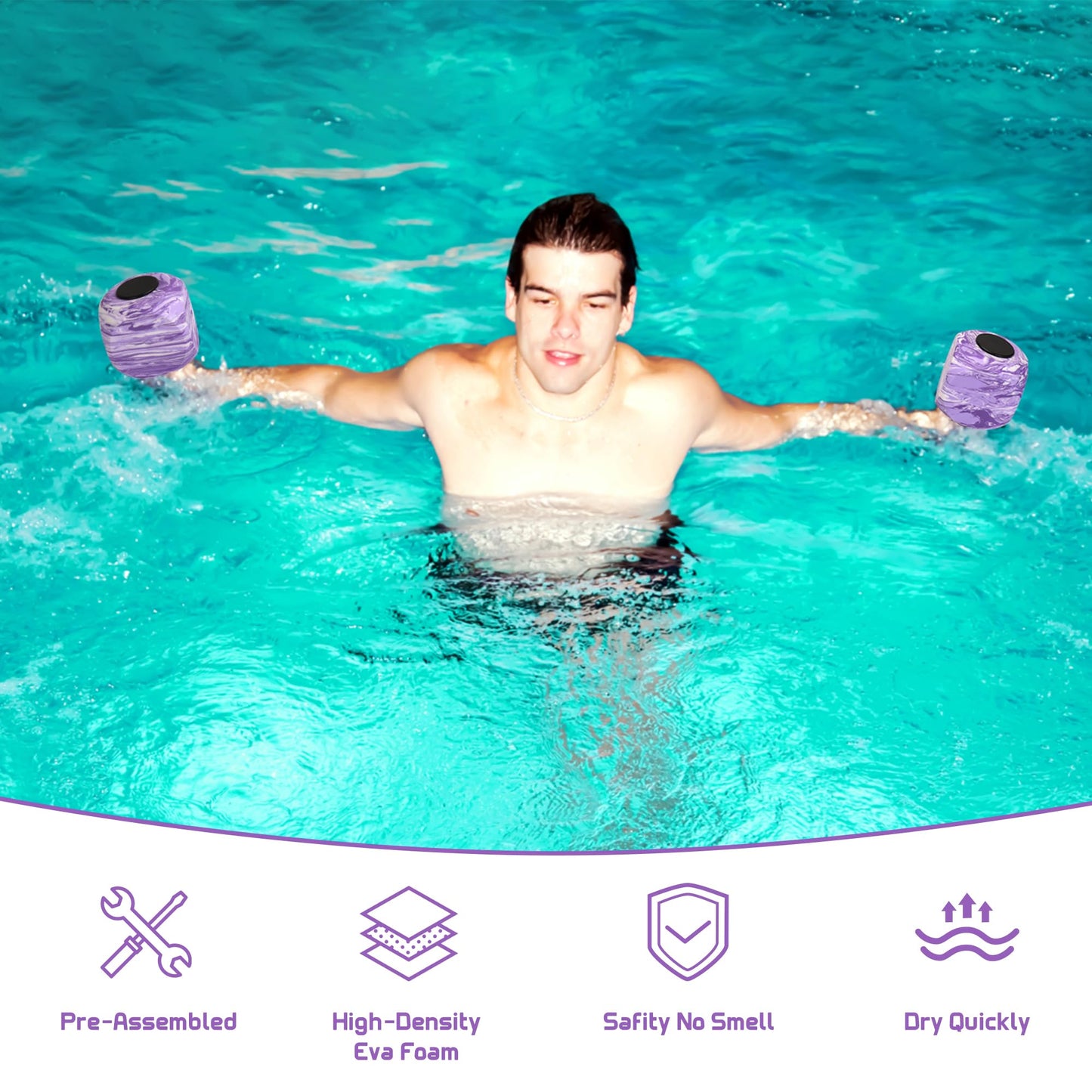 2pcs Water Weights for Pool Exercise, EVA-Foam Water Aerobics Equipment, Pool Dumbbells for Women,Kids,Seniors, Water Workouts, Weight Loss(Purple)