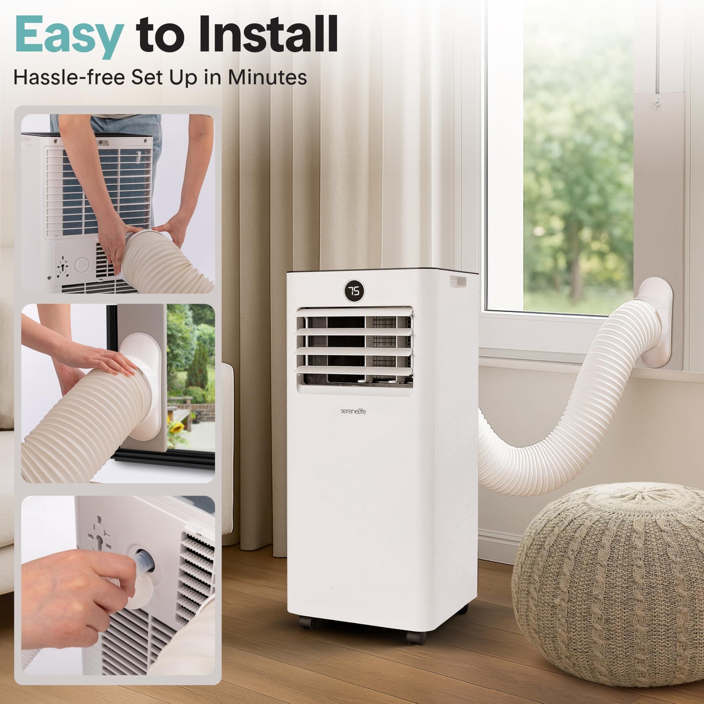 SereneLife 10,000 BTU Portable Air Conditioner, 3-in-1 AC with Cooling, Dehumidifier and Fan, Energy Efficient Mini AC Unit with 450 Sq. Ft. Coverage, Includes Window Mount Kit, (Gray)