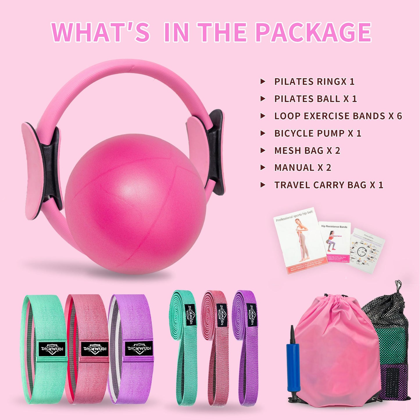DICYWUDI Pilates Essentials Kit for Home Women, Pilates Equipment for Workouts, 6 Fabric Resistance Bands, 12 Inch Magic Circle Yoga Ring, Mini Exercise Ball, Great Exercise Accessories