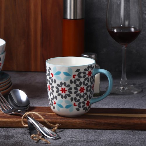 Floral Pattern Coffee Mugs, Bone China Tea Cups with Colored Handles, Set of 4