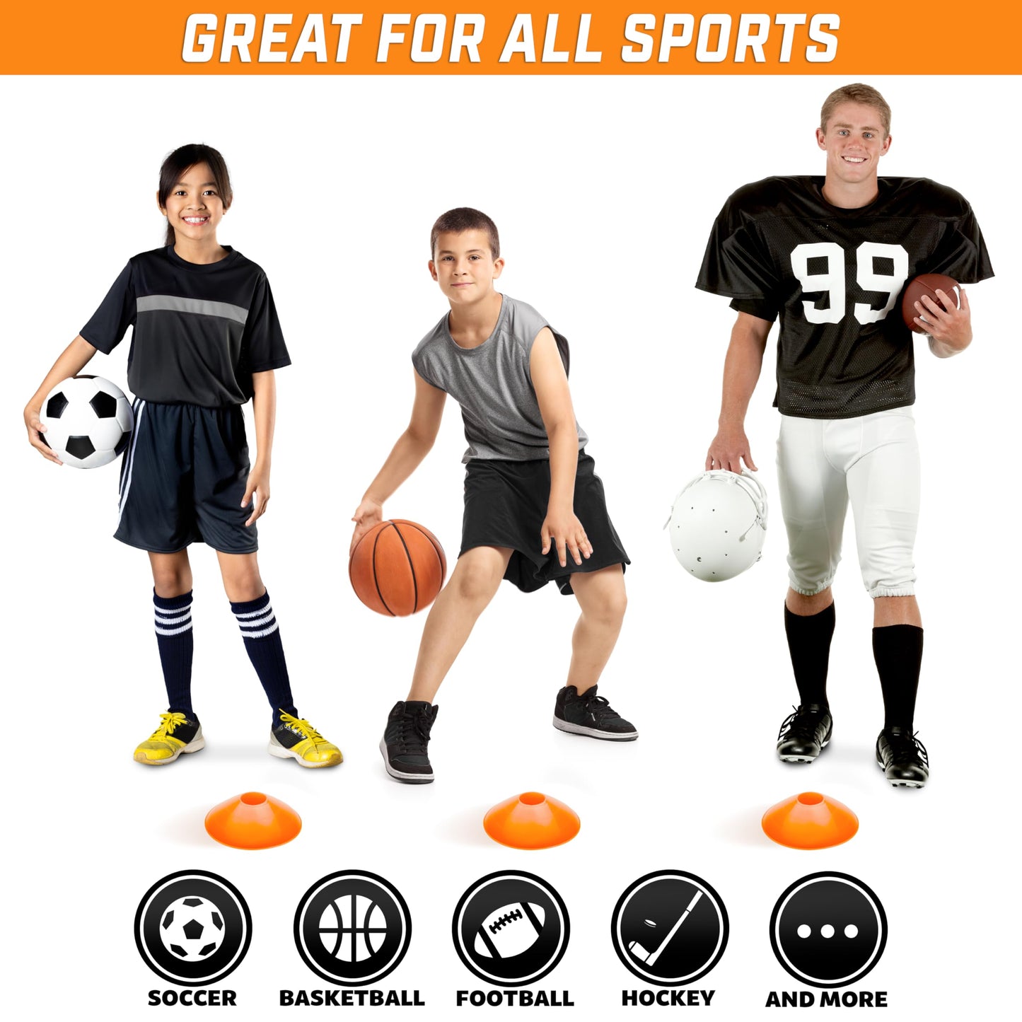 GoSports Agility Training Sport Cone 20 Pack with Tote Bag - Low Profile Field Markers for Kids and Adults
