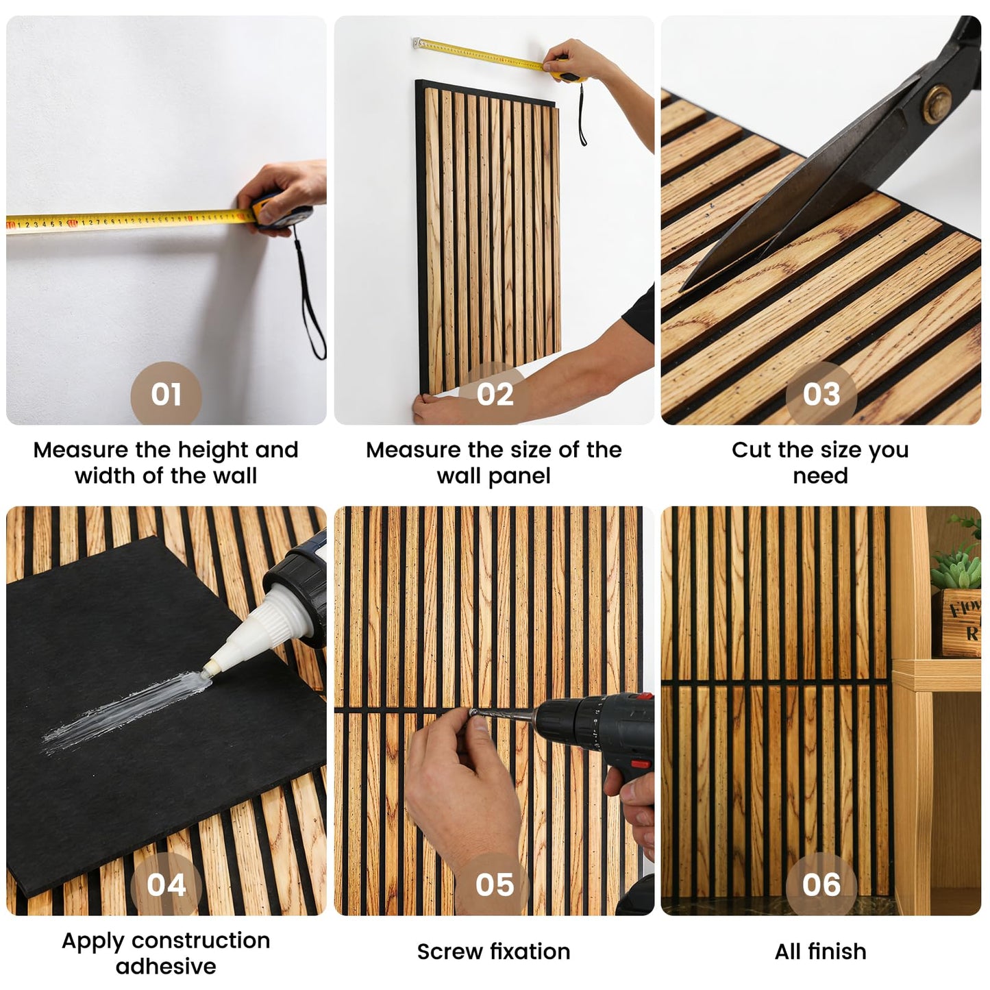 Adedeo Wall Panels 10 Pack 12 x 12 in Glass Strip Acoustic Panels for Wall and Ceiling - 3D Fluted Sound Absorbing Panel with Glass Finish - Dark Teak