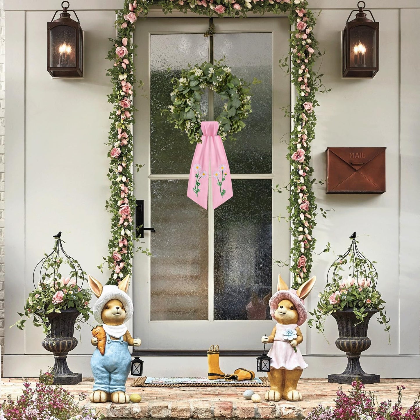 Regine Switzerland 2-Pack Daisy Floral Wreath Sash - Embroidered Spring Ribbon Decor for Front Door (Pink)