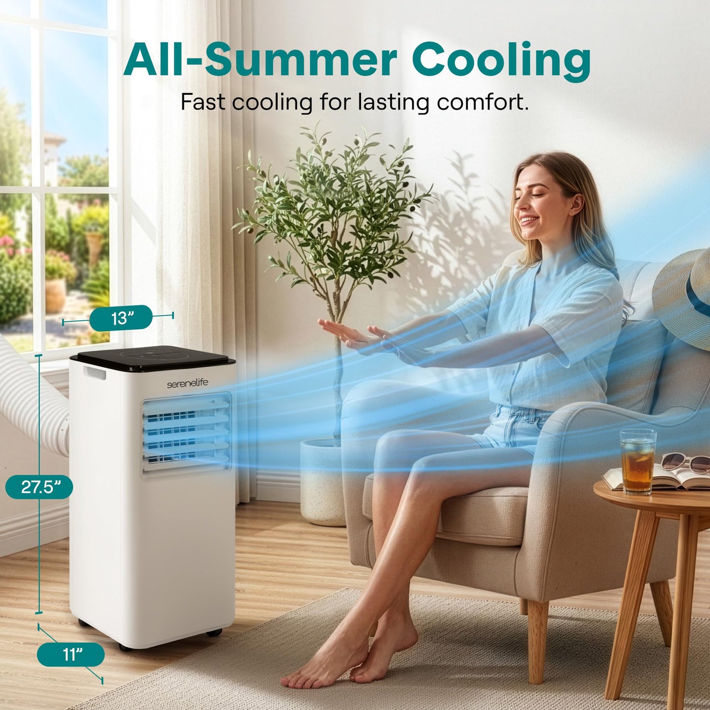 SereneLife 8000 BTU Portable Air Conditioner with Heat, Compact 4-in-1 Portable AC & Heater for Room Up to 350 Sq Ft with Dehumidifier & Fan Function, Remote Control, Window Mount Kit, 13" x 11" x 26"