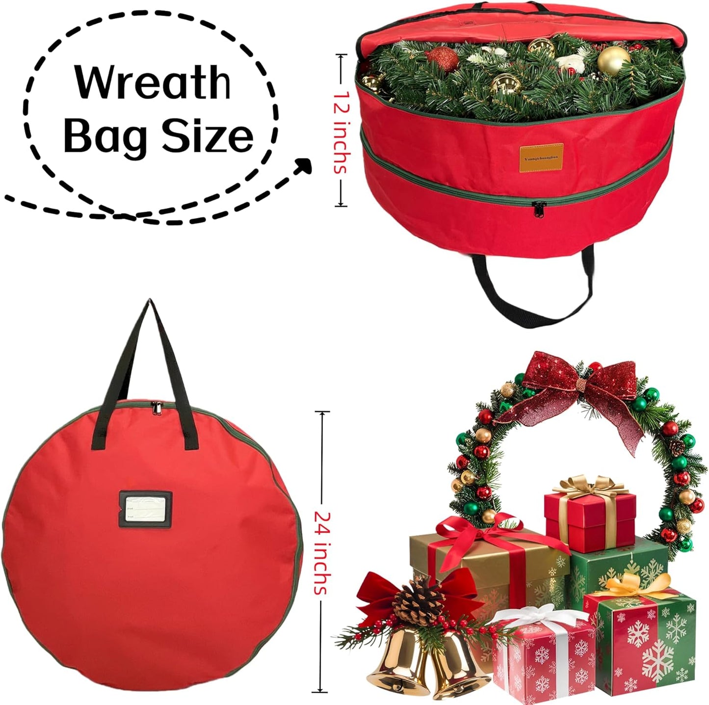 Skiennix Wreath Storage Container - Heavy Duty 600D Oxford Cloth | 24x12 Inch Red Double Bag for Holiday Wreaths